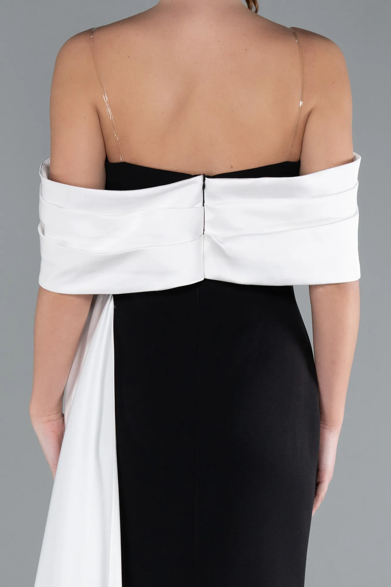 Black-White-Satin Stone Boat Neck Tail Long Evening Gown ABU4728