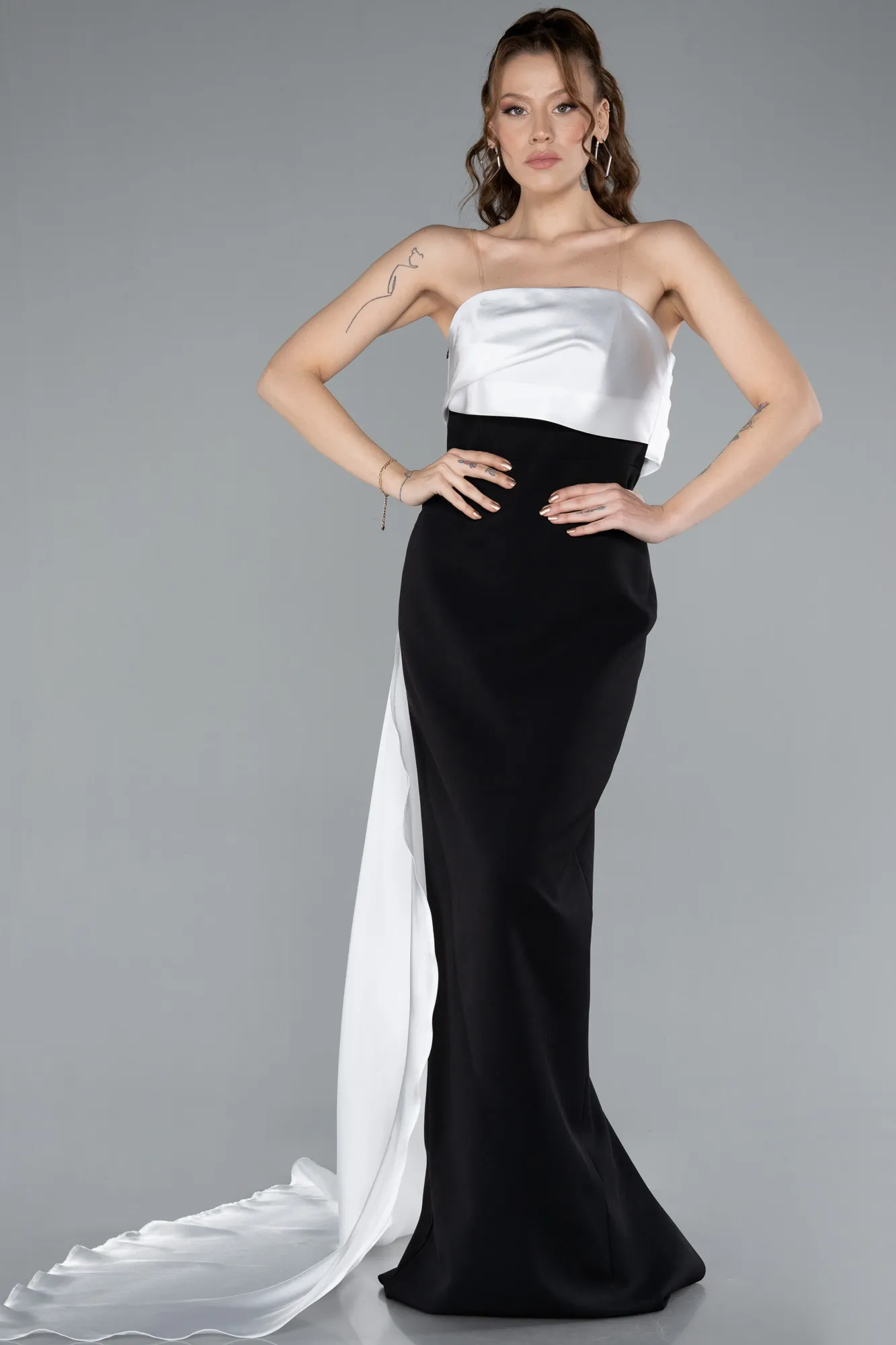 Black-White-Strapless Satin Train Evening Gown ABU4690