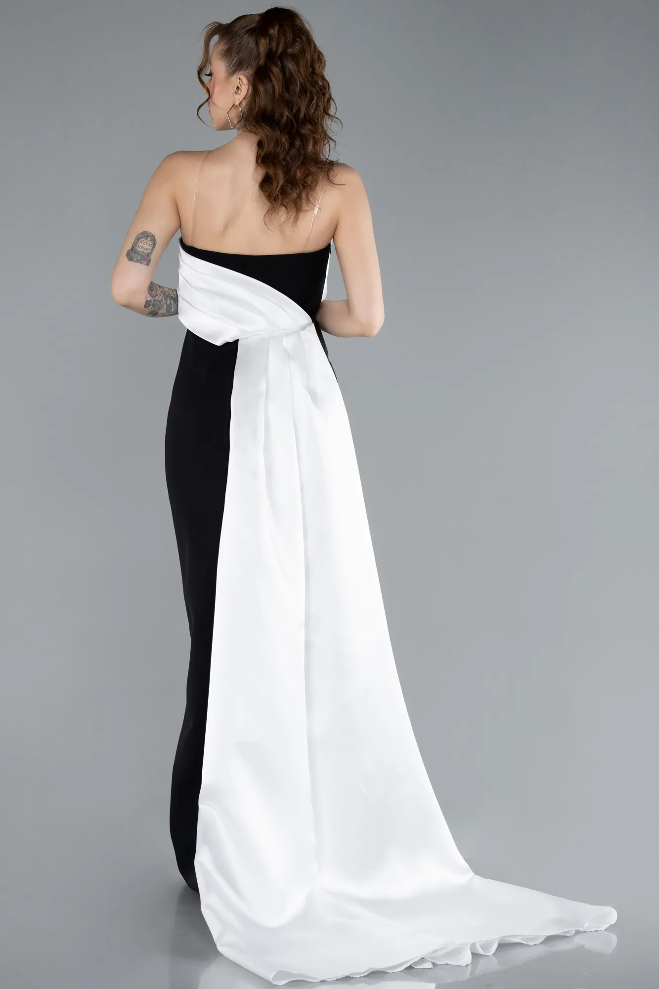 Black-White-Strapless Satin Train Evening Gown ABU4690