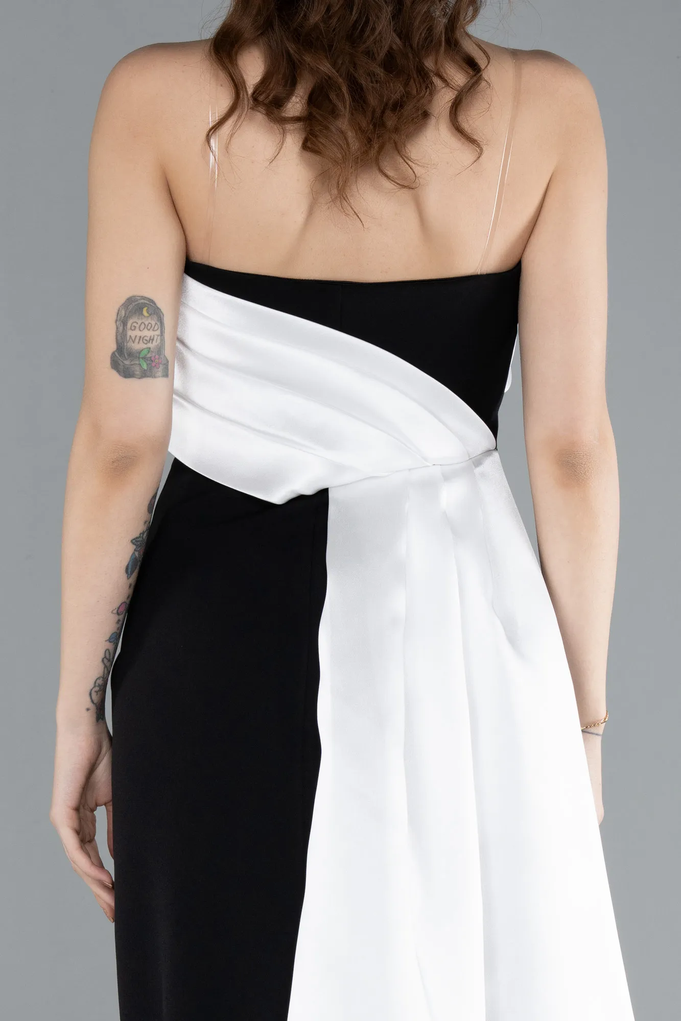 Black-White-Strapless Satin Train Evening Gown ABU4690