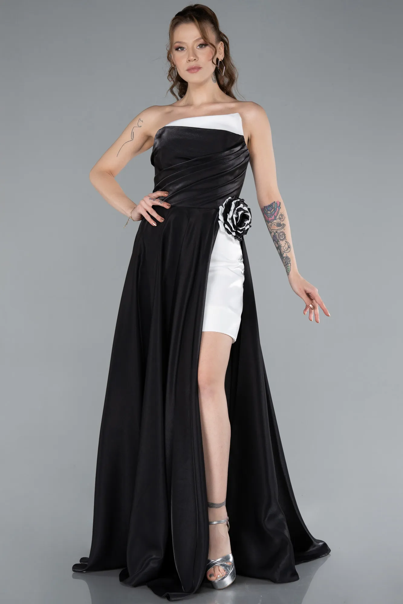 Black-White-Strapless Slit Long Satin Evening Gown ABU4705