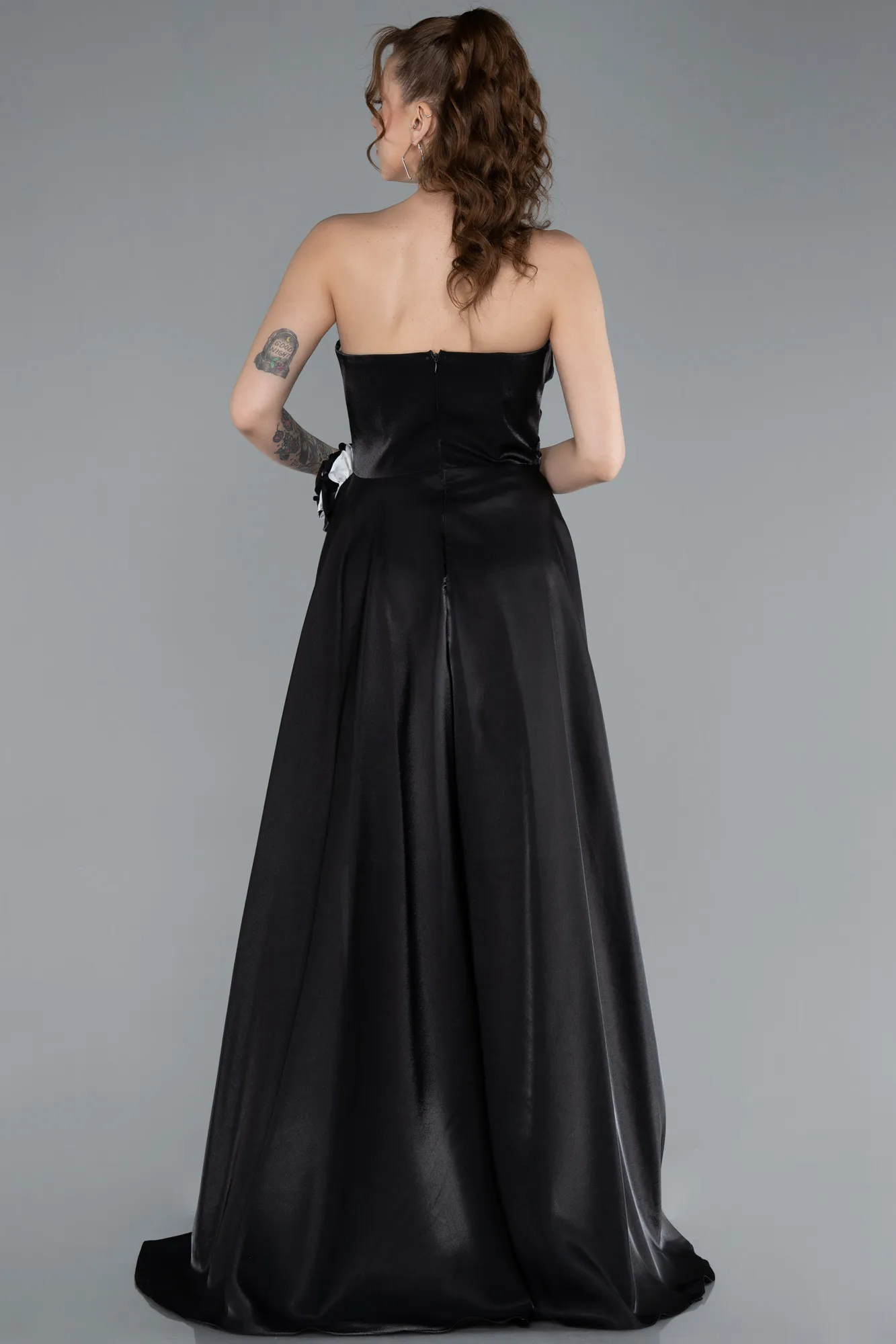 Black-White-Strapless Slit Long Satin Evening Gown ABU4705
