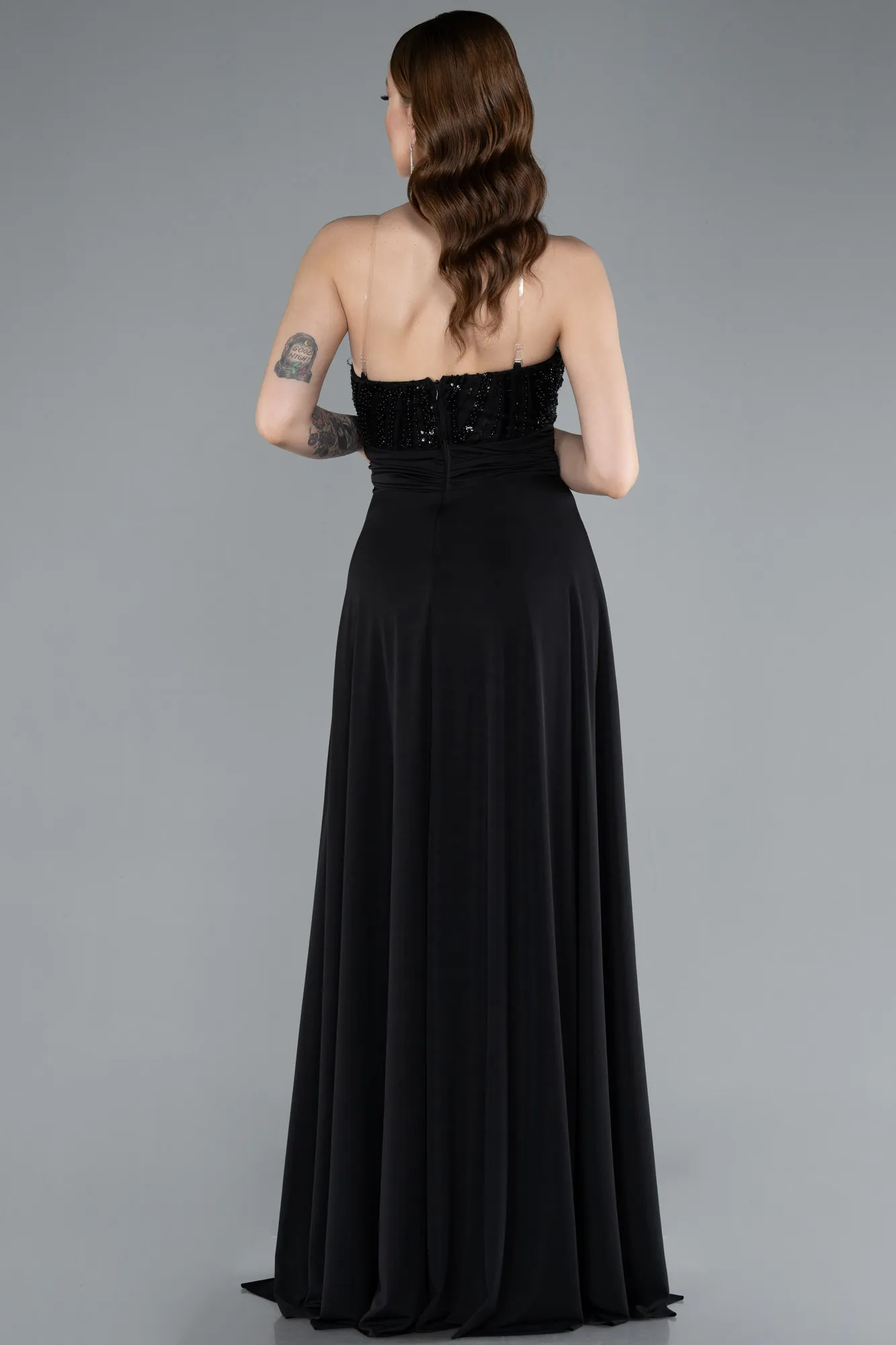 Black-Asymmetrical Sequined Long Chiffon Evening Dress ABU4870