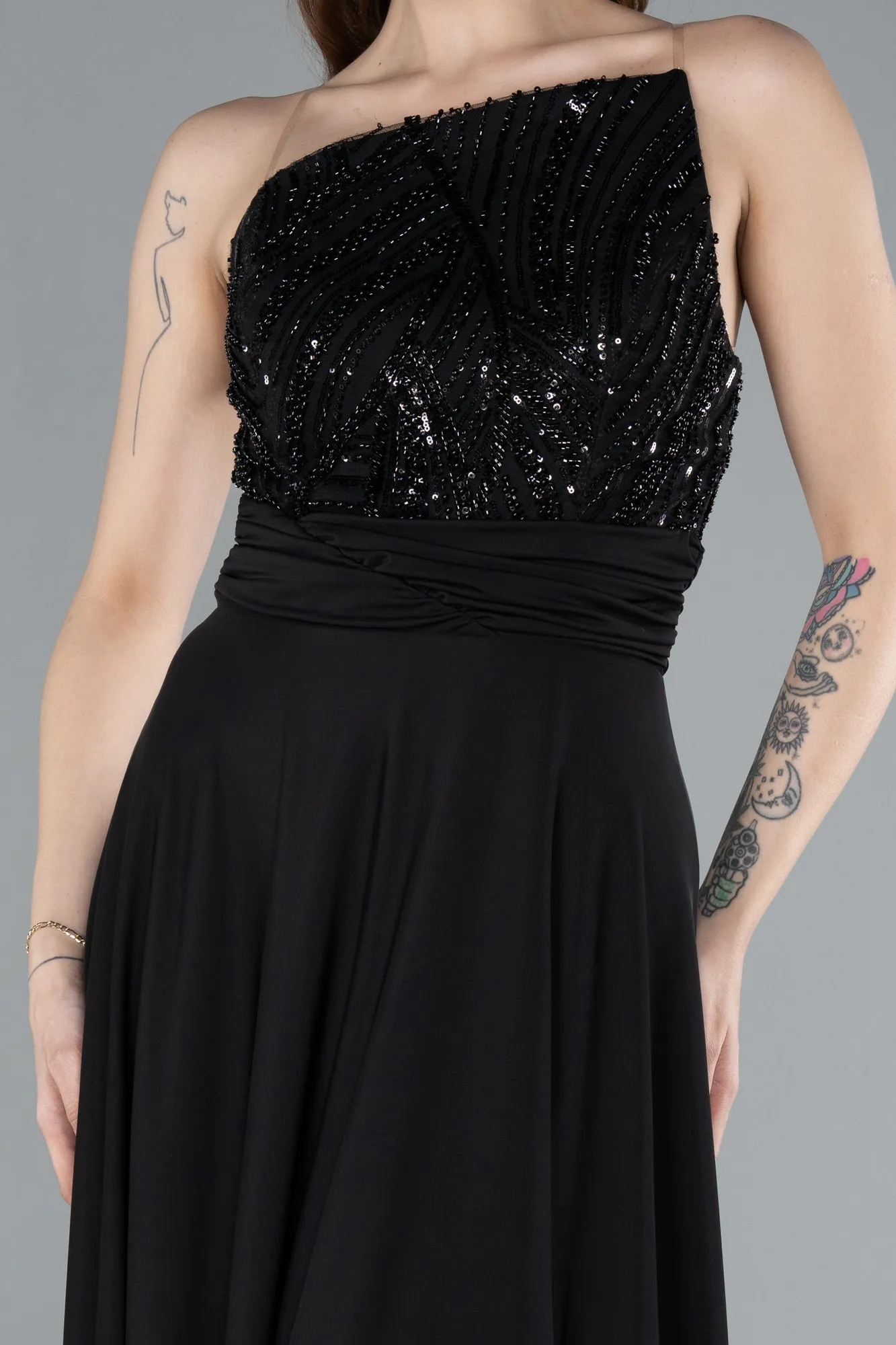 Black-Asymmetrical Sequined Long Chiffon Evening Dress ABU4870