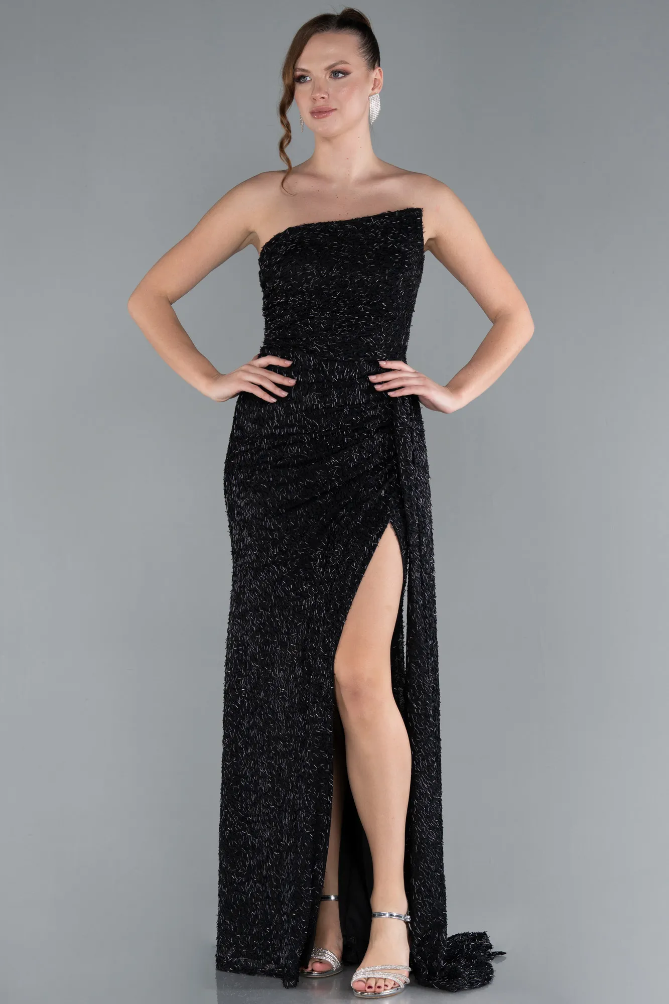Black-Asymmetrical Strapless Slit Long Beaded Evening Gown ABU4744