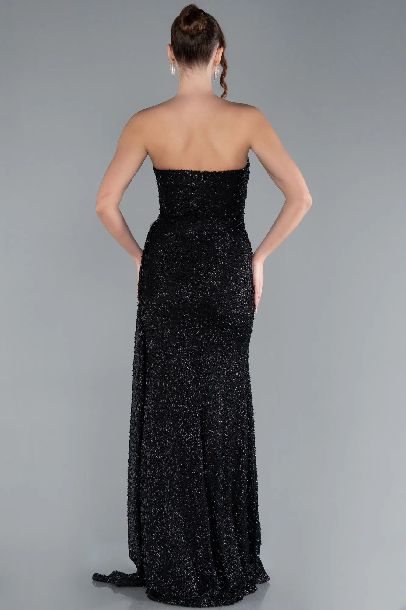 Black-Asymmetrical Strapless Slit Long Beaded Evening Gown ABU4744