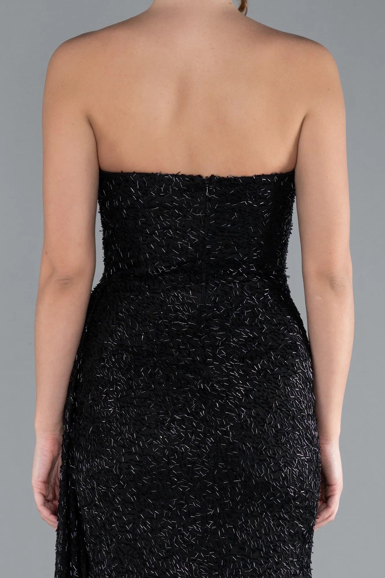 Black-Asymmetrical Strapless Slit Long Beaded Evening Gown ABU4744