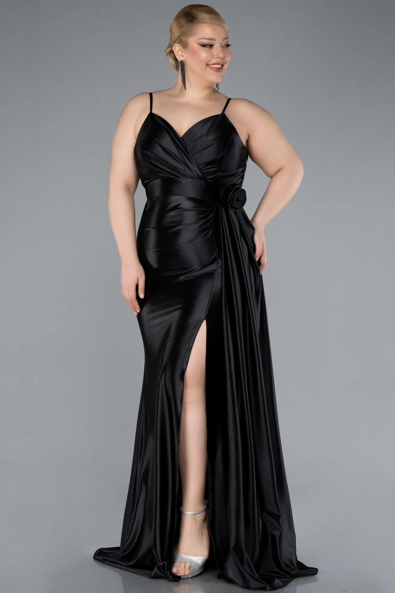Black-Back And Leg Cleavage Long Satin Plus Size Prom Gown ABU4815