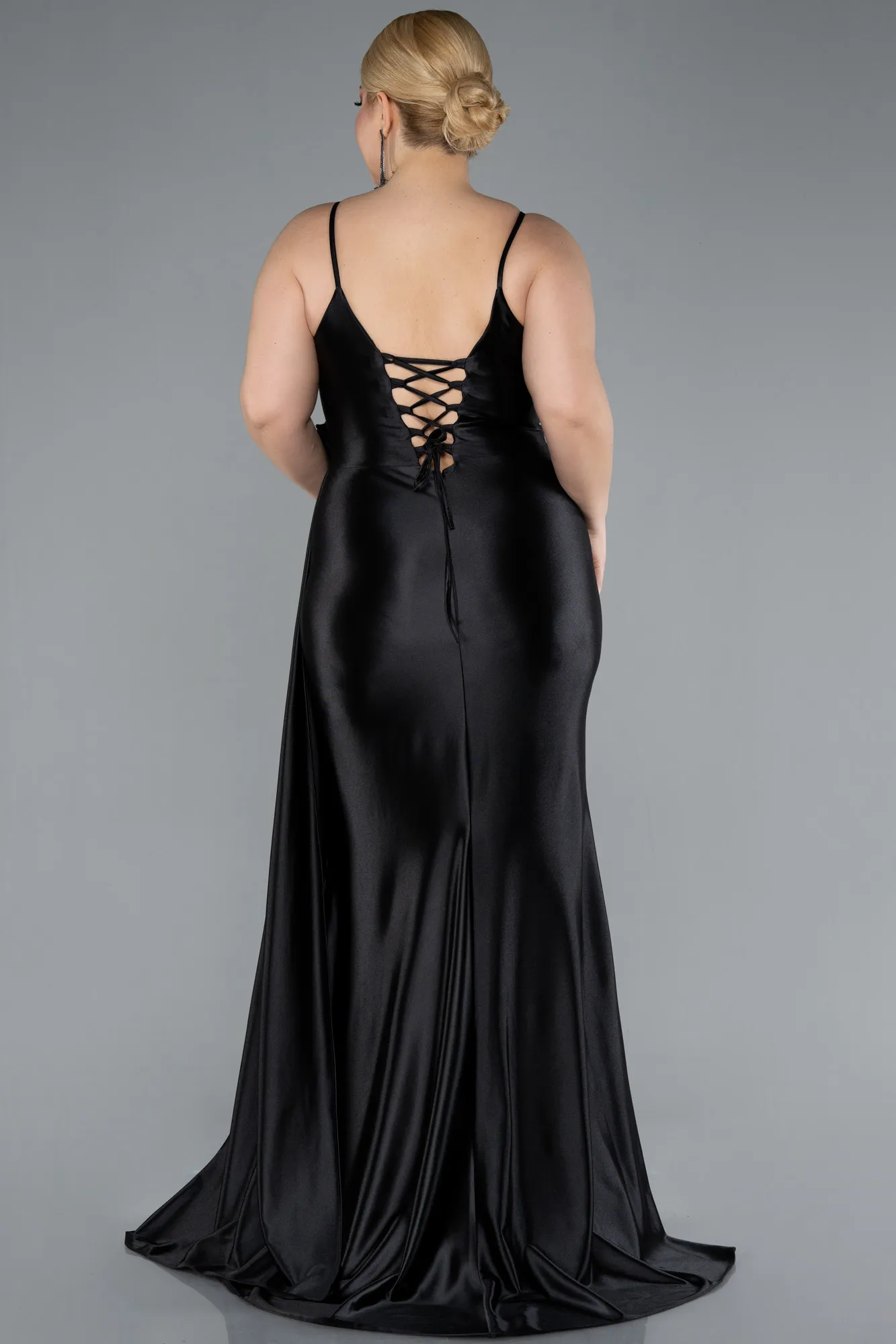 Black-Back And Leg Cleavage Long Satin Plus Size Prom Gown ABU4815