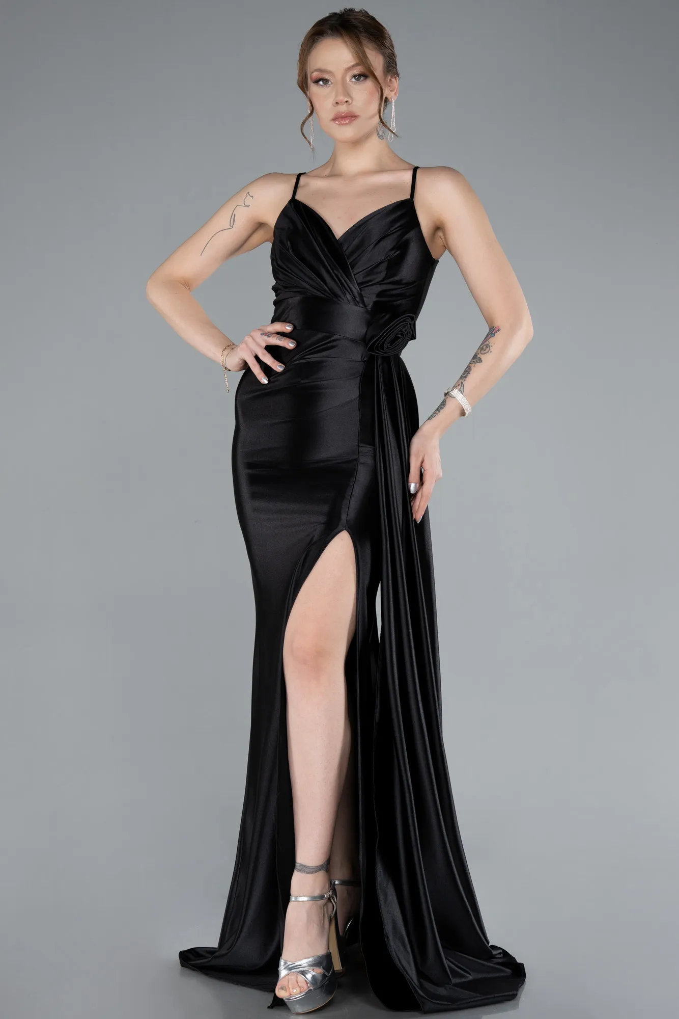Black-Back And Leg Cleavage Long Satin Prom Gown ABU4814