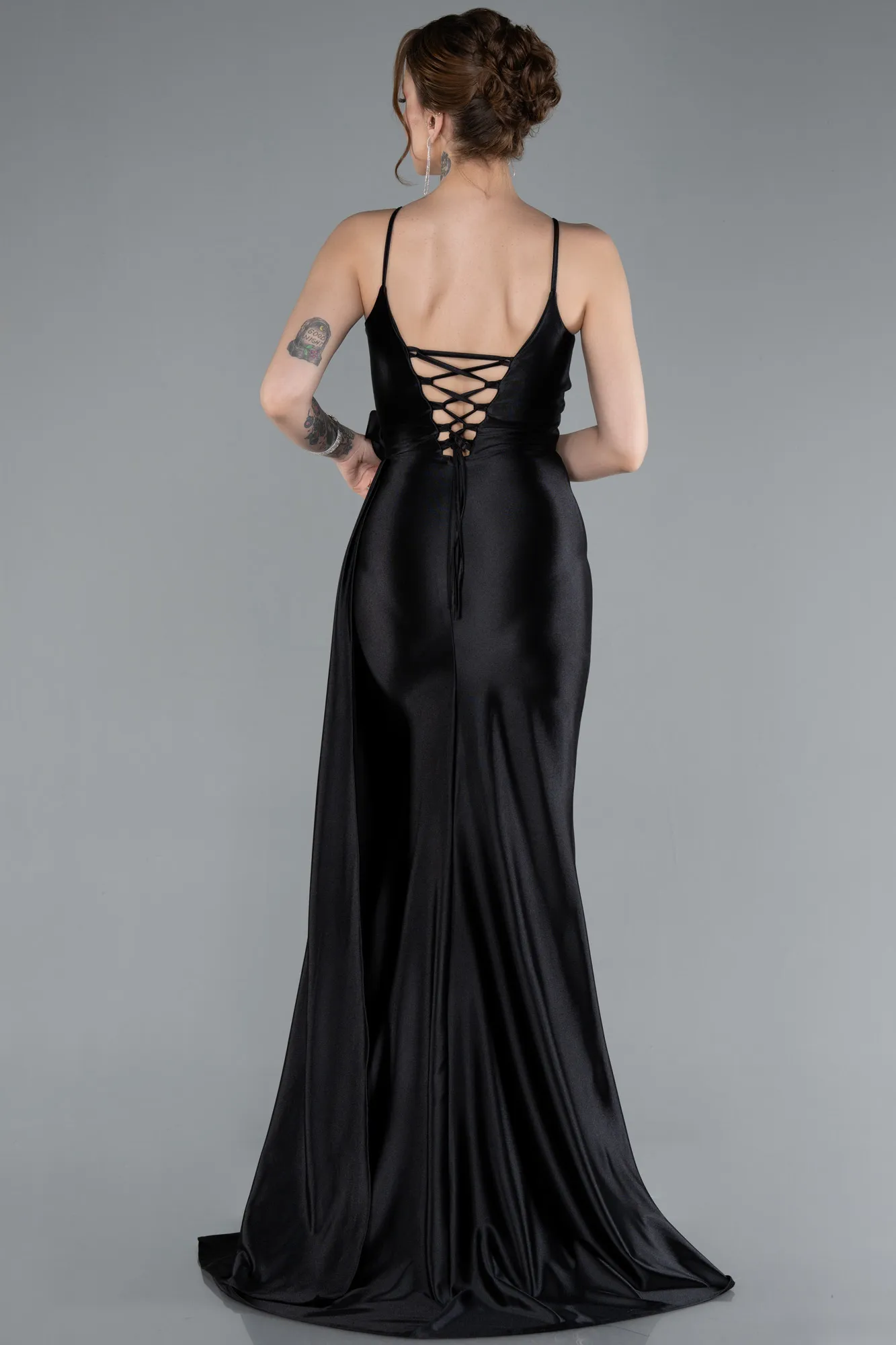 Black-Back And Leg Cleavage Long Satin Prom Gown ABU4814