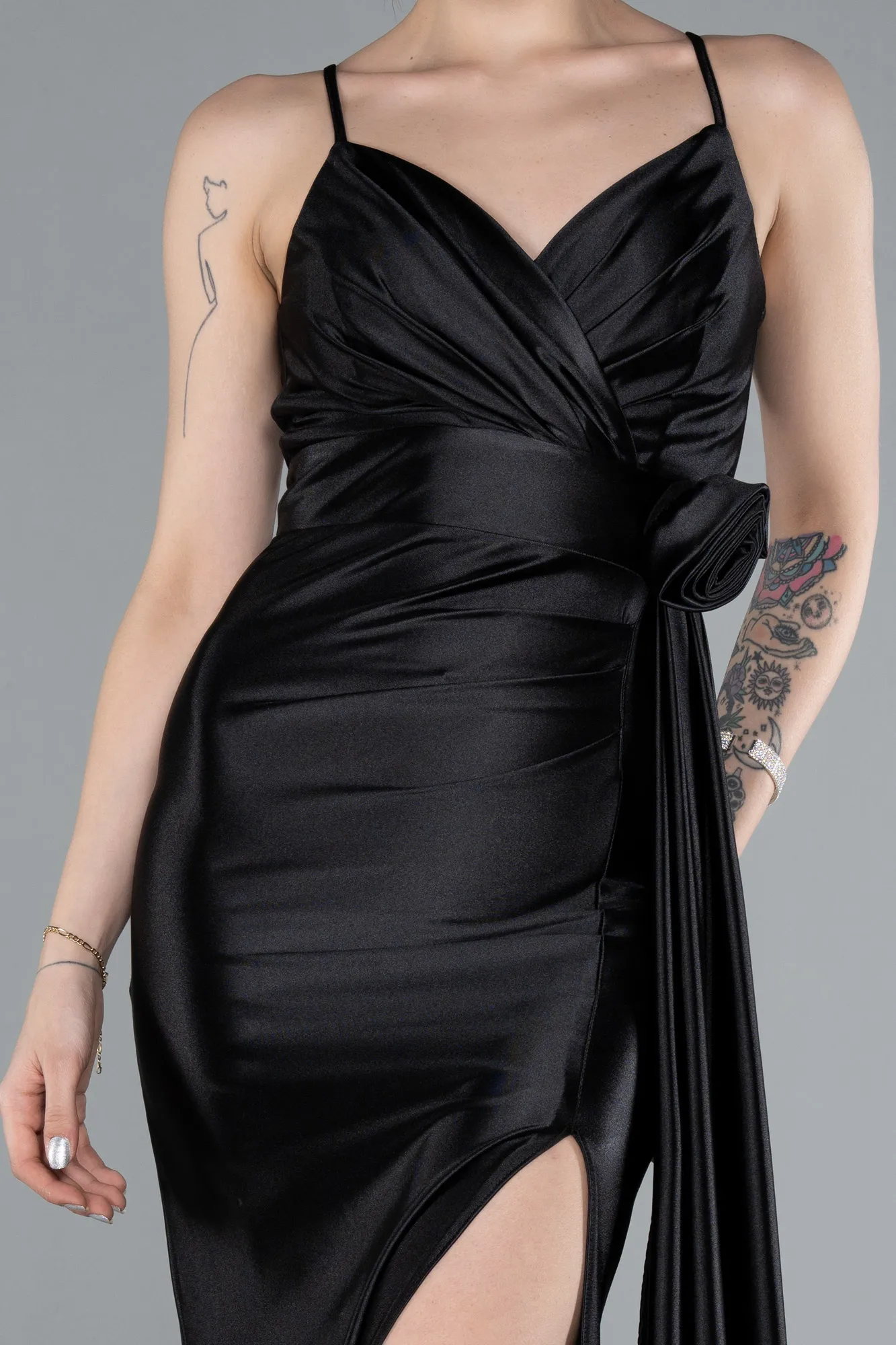 Black-Back And Leg Cleavage Long Satin Prom Gown ABU4814