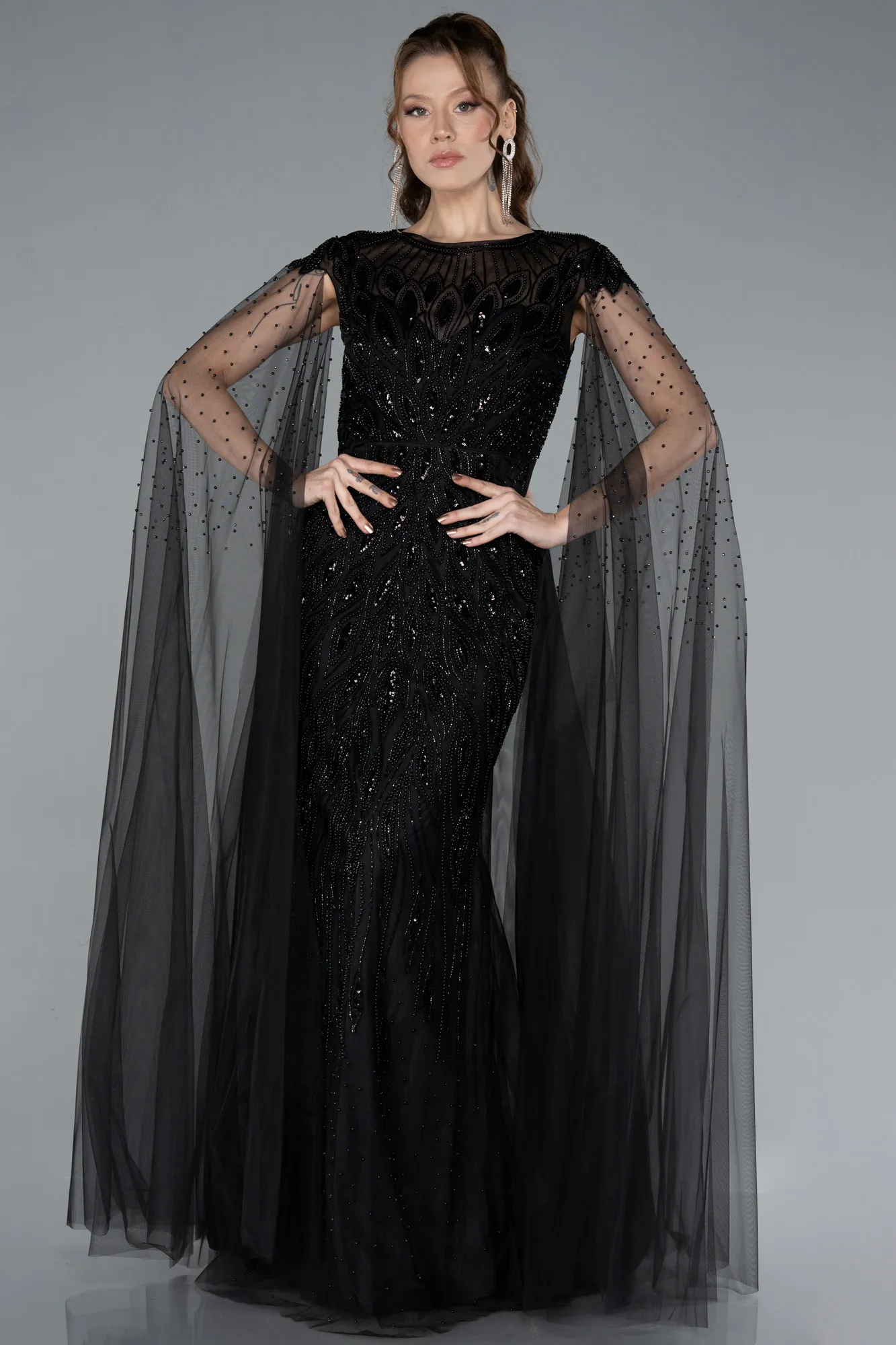Black-Beaded Cape Long Haute Couture Dress ABU4707