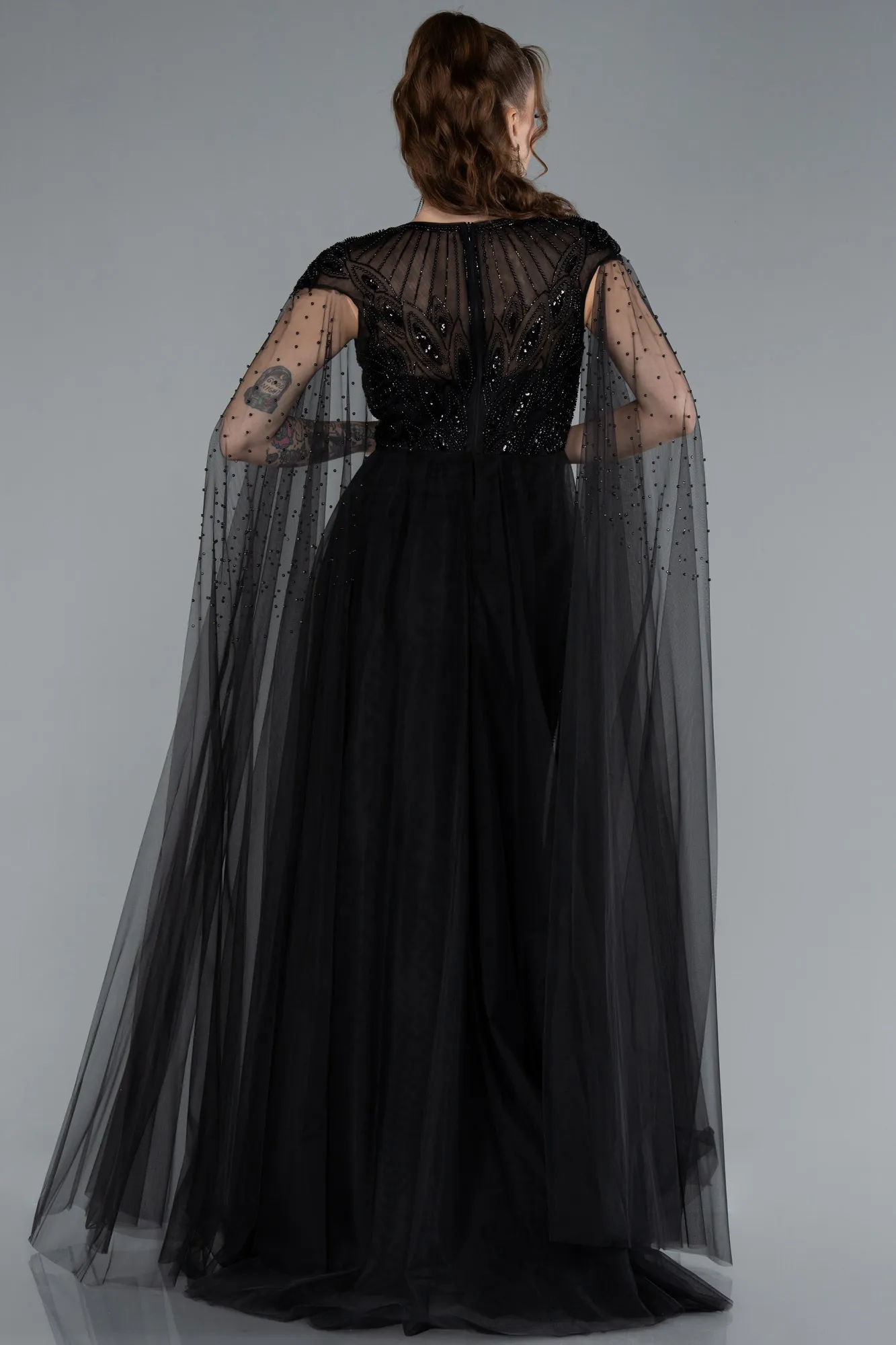 Black-Beaded Cape Long Haute Couture Dress ABU4707