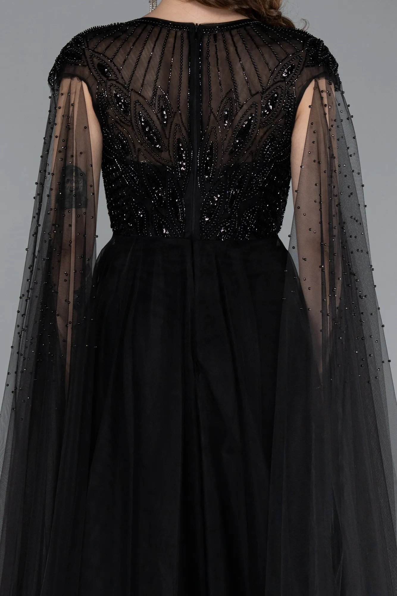 Black-Beaded Cape Long Haute Couture Dress ABU4707