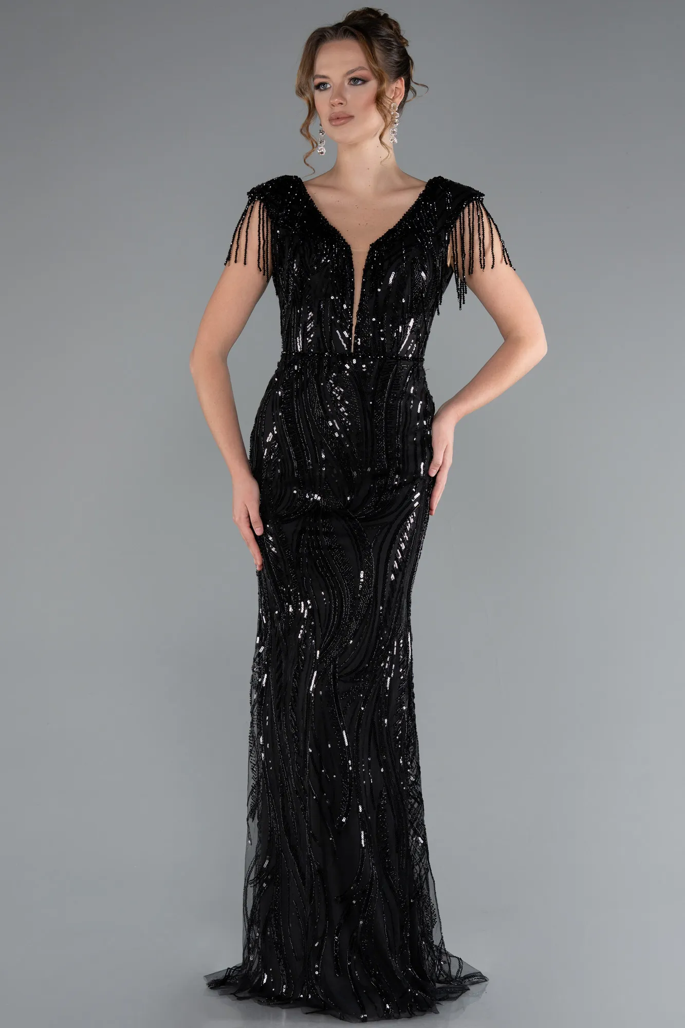 Black-Beaded Detailed V Neck Long Sequined Evening Gown ABU5576