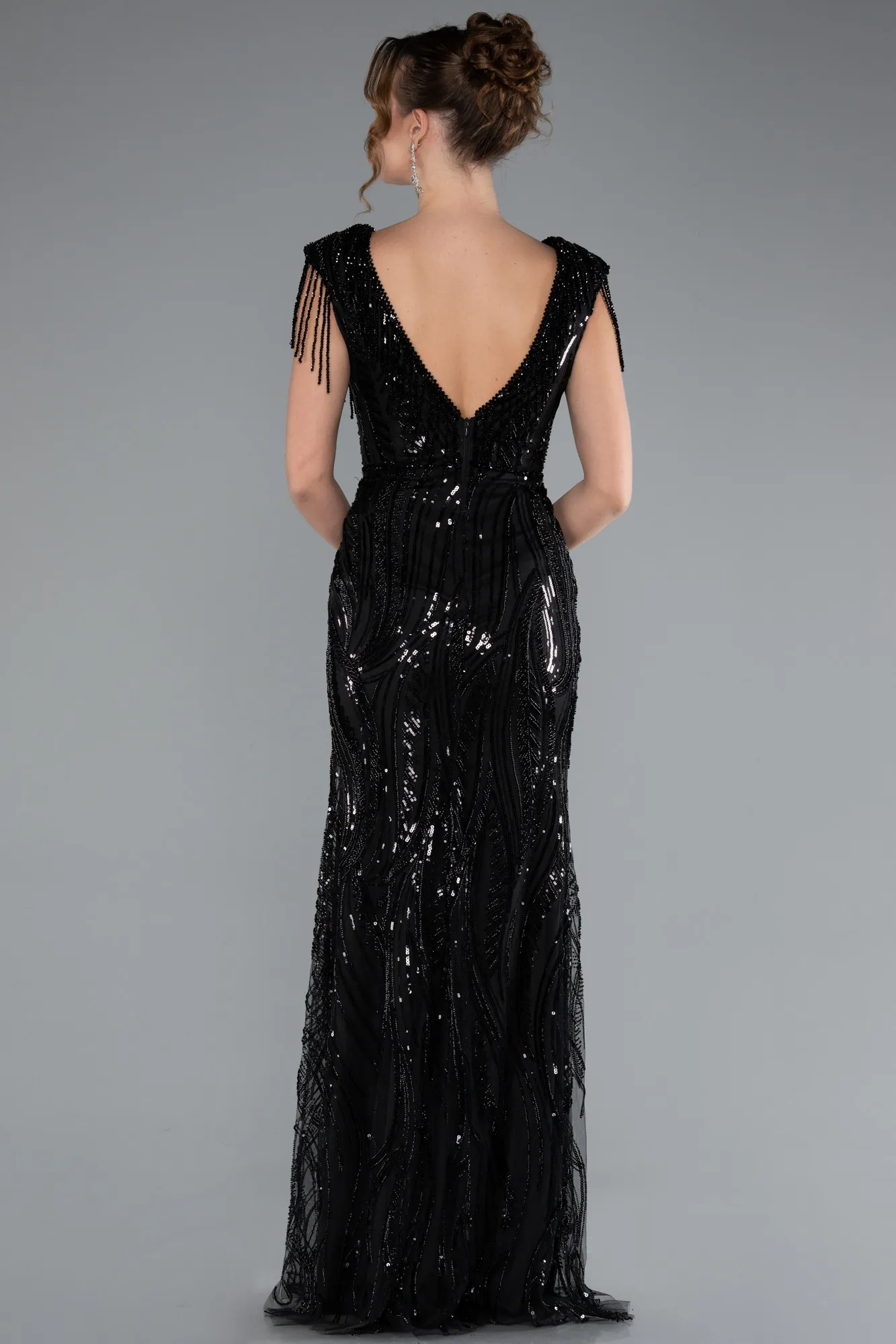 Black-Beaded Detailed V Neck Long Sequined Evening Gown ABU5576