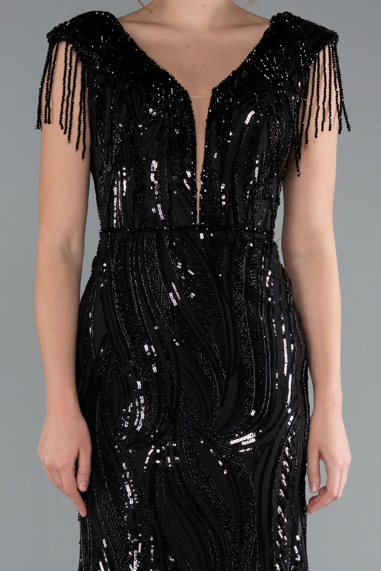 Black-Beaded Detailed V Neck Long Sequined Evening Gown ABU5576