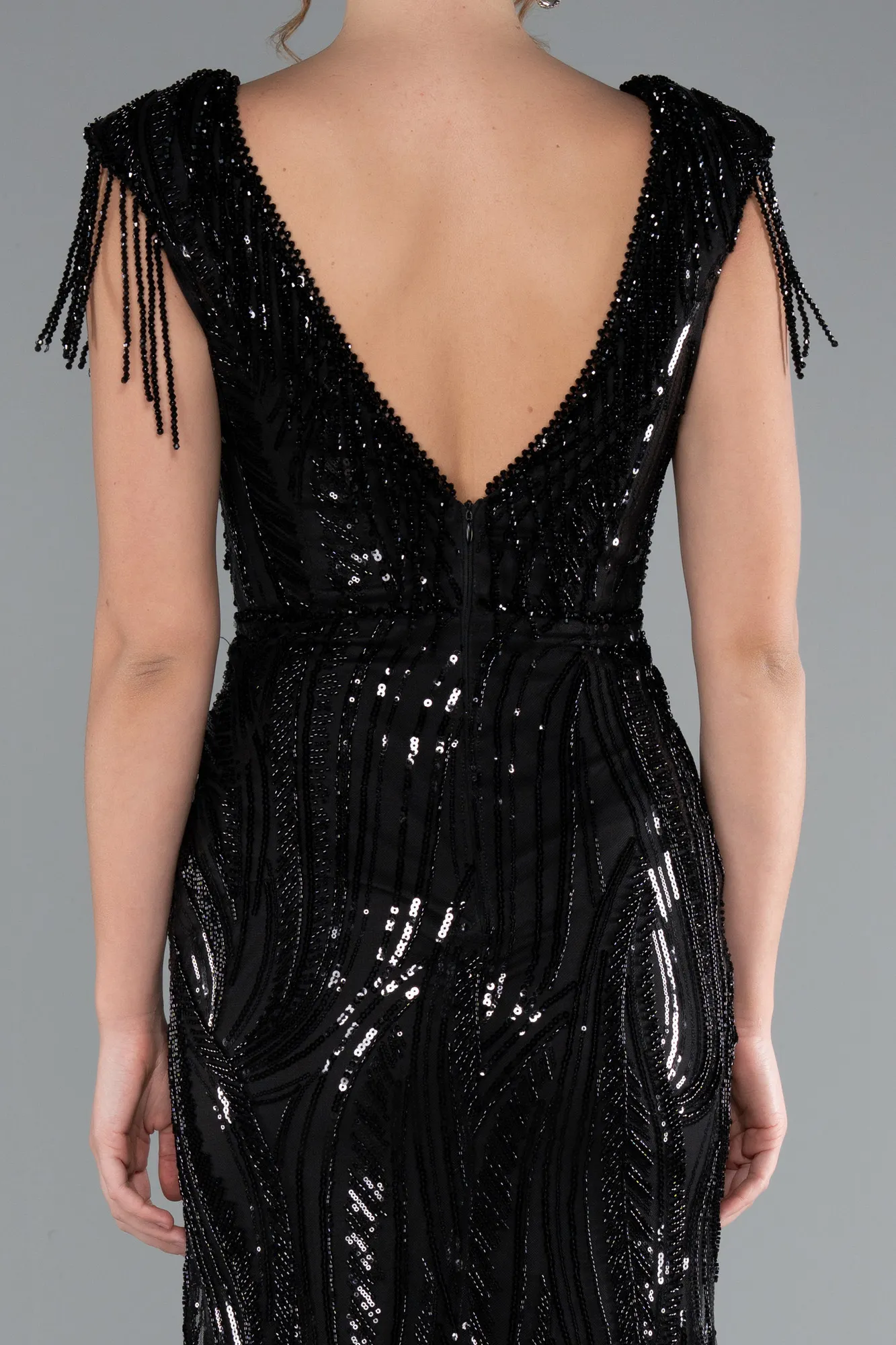 Black-Beaded Detailed V Neck Long Sequined Evening Gown ABU5576