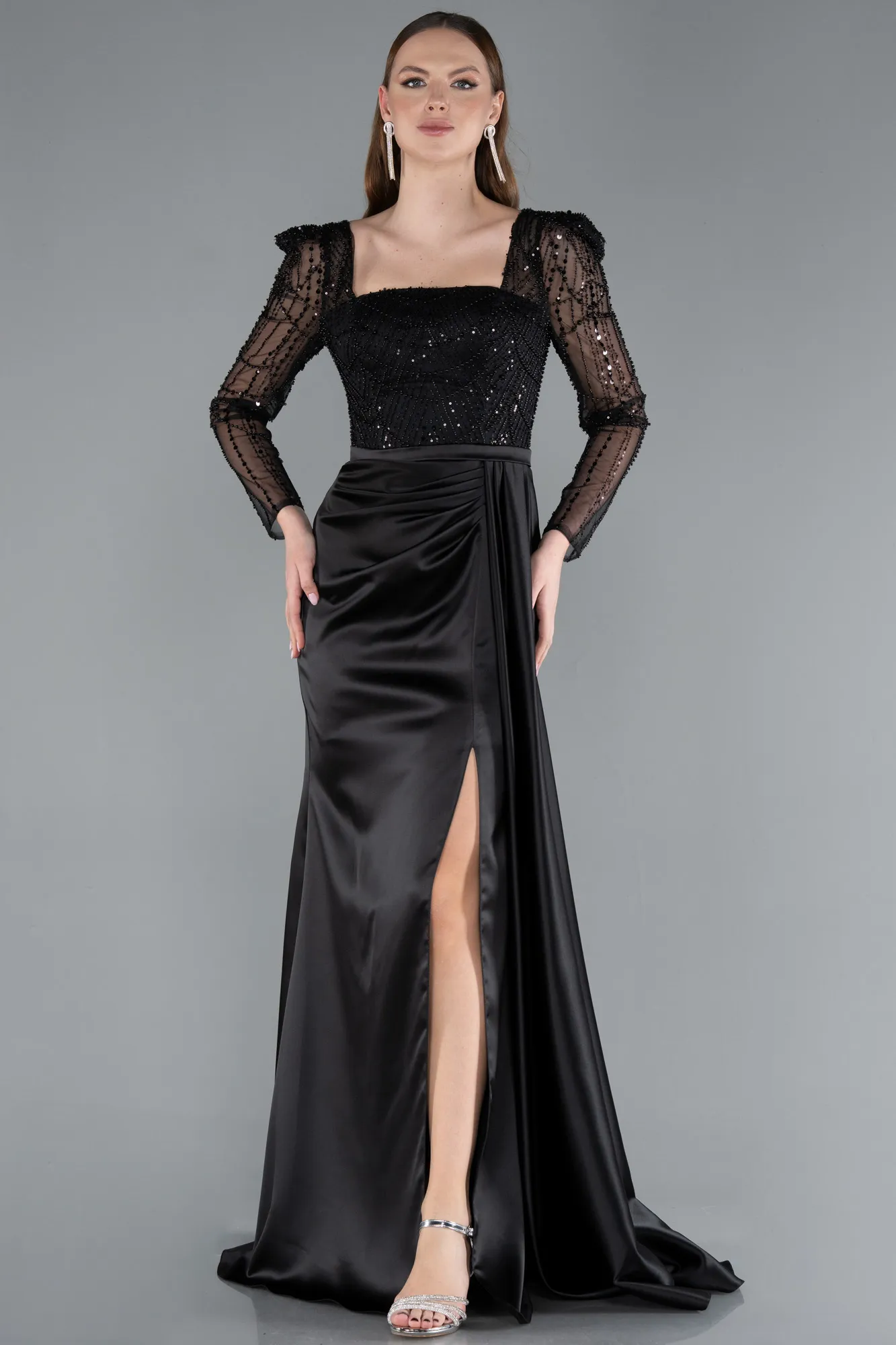 Black-Beaded Long Sleeve Slit Satin Evening Gown ABU4781