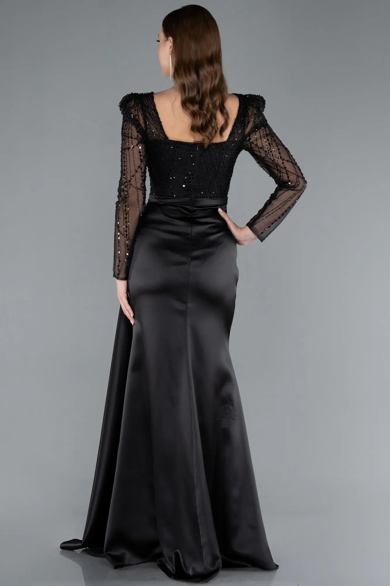 Black-Beaded Long Sleeve Slit Satin Evening Gown ABU4781