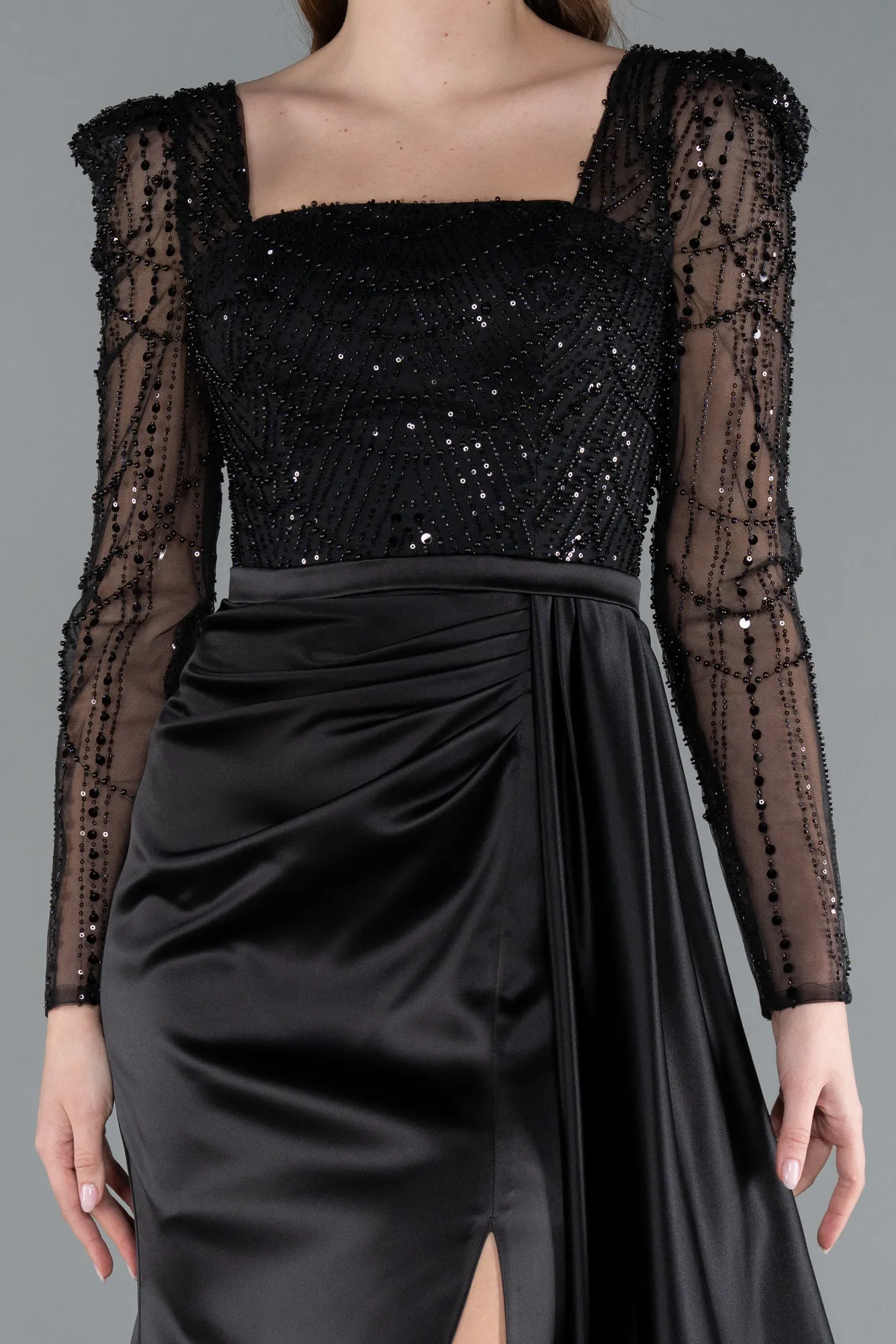 Black-Beaded Long Sleeve Slit Satin Evening Gown ABU4781