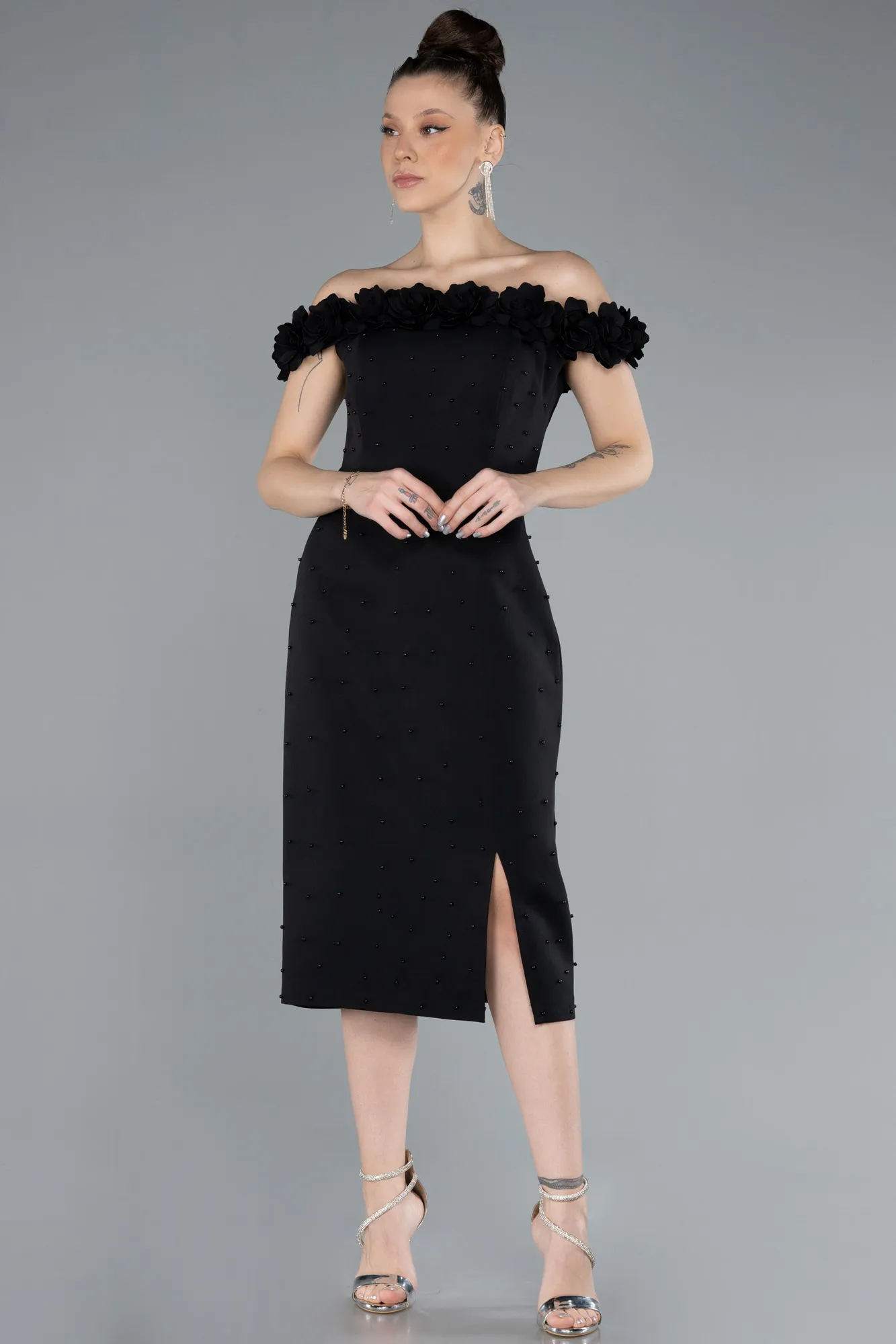 Black-Boat Neck Beaded Midi Cocktail Dress ABK2248