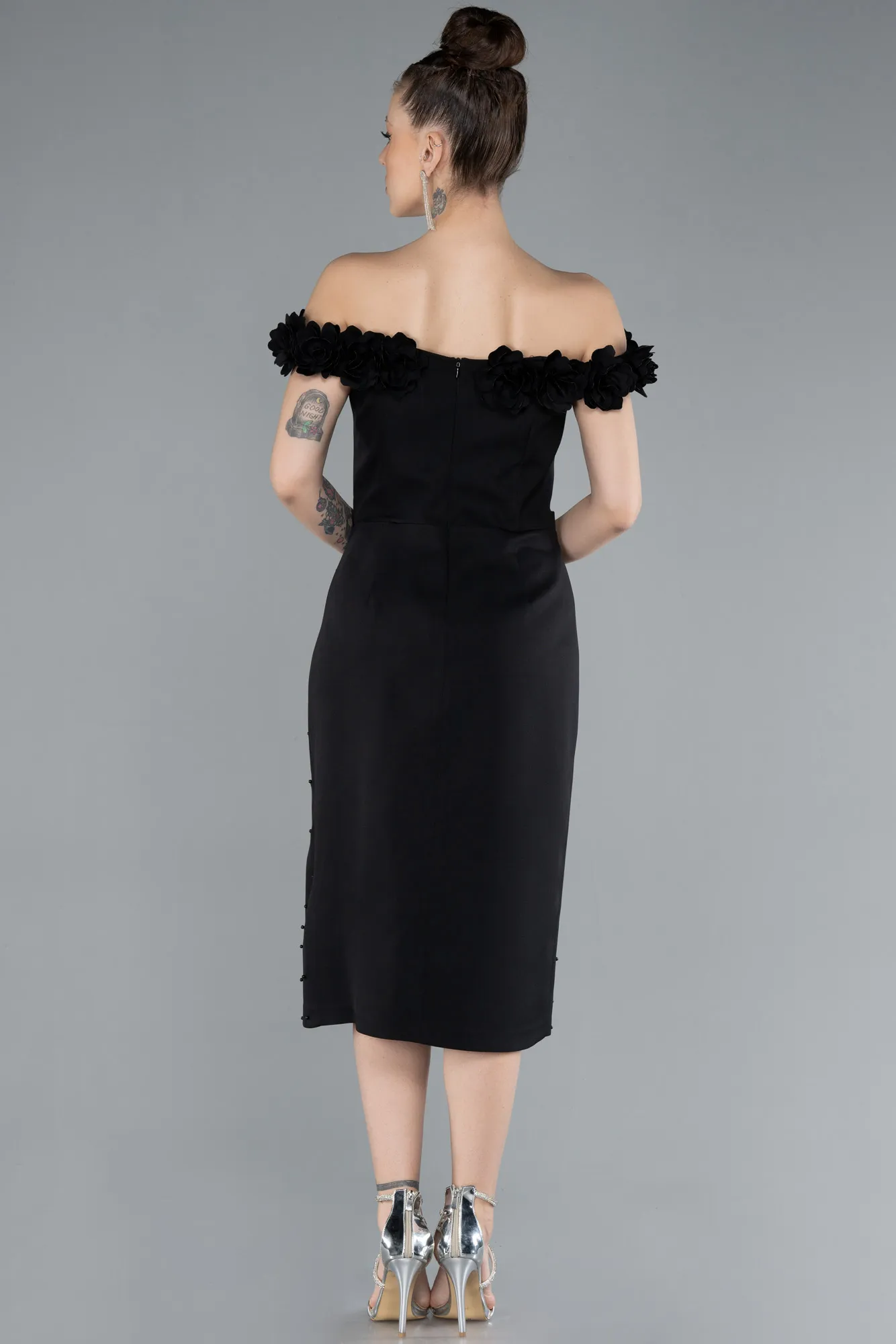 Black-Boat Neck Beaded Midi Cocktail Dress ABK2248