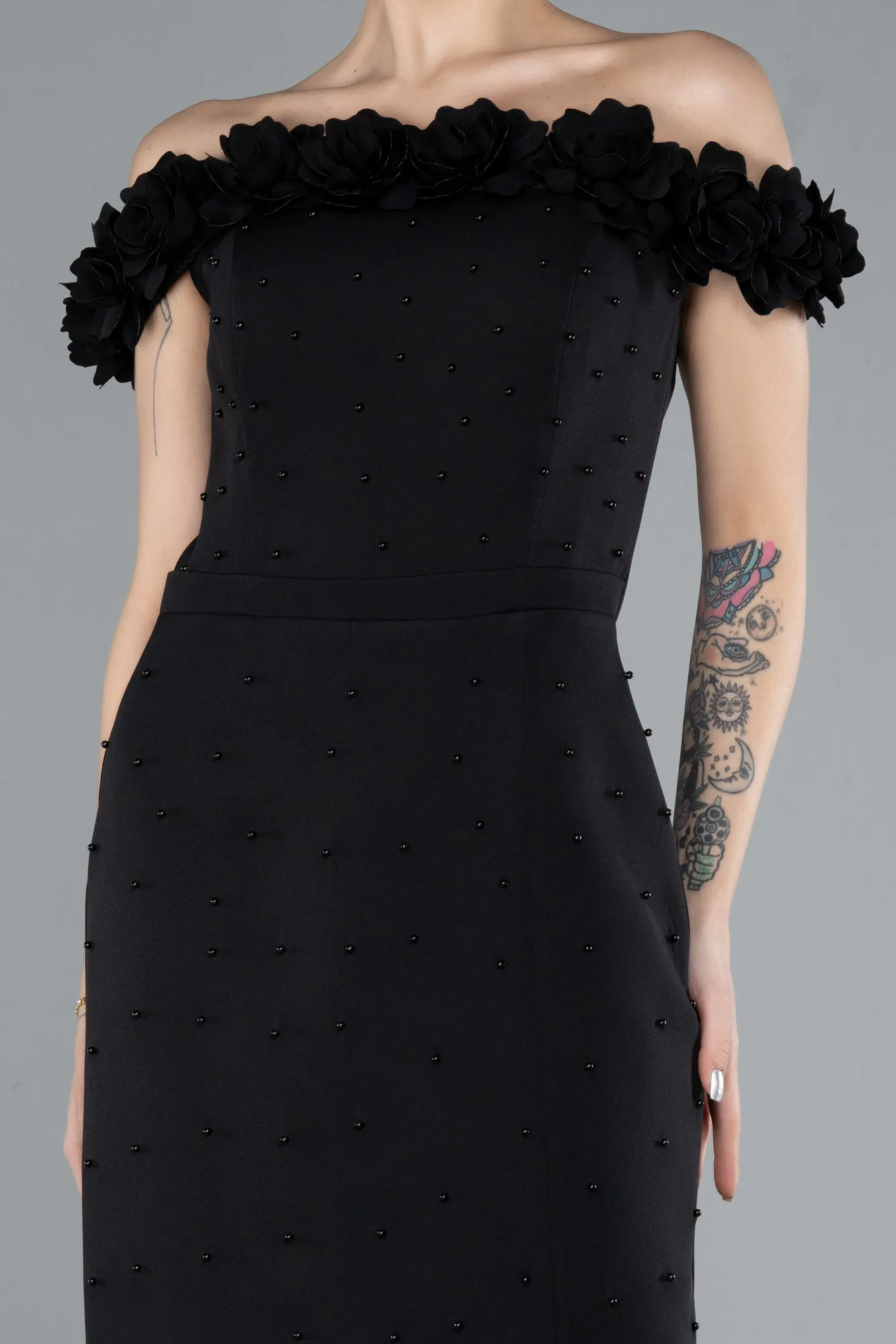 Black-Boat Neck Beaded Midi Cocktail Dress ABK2248