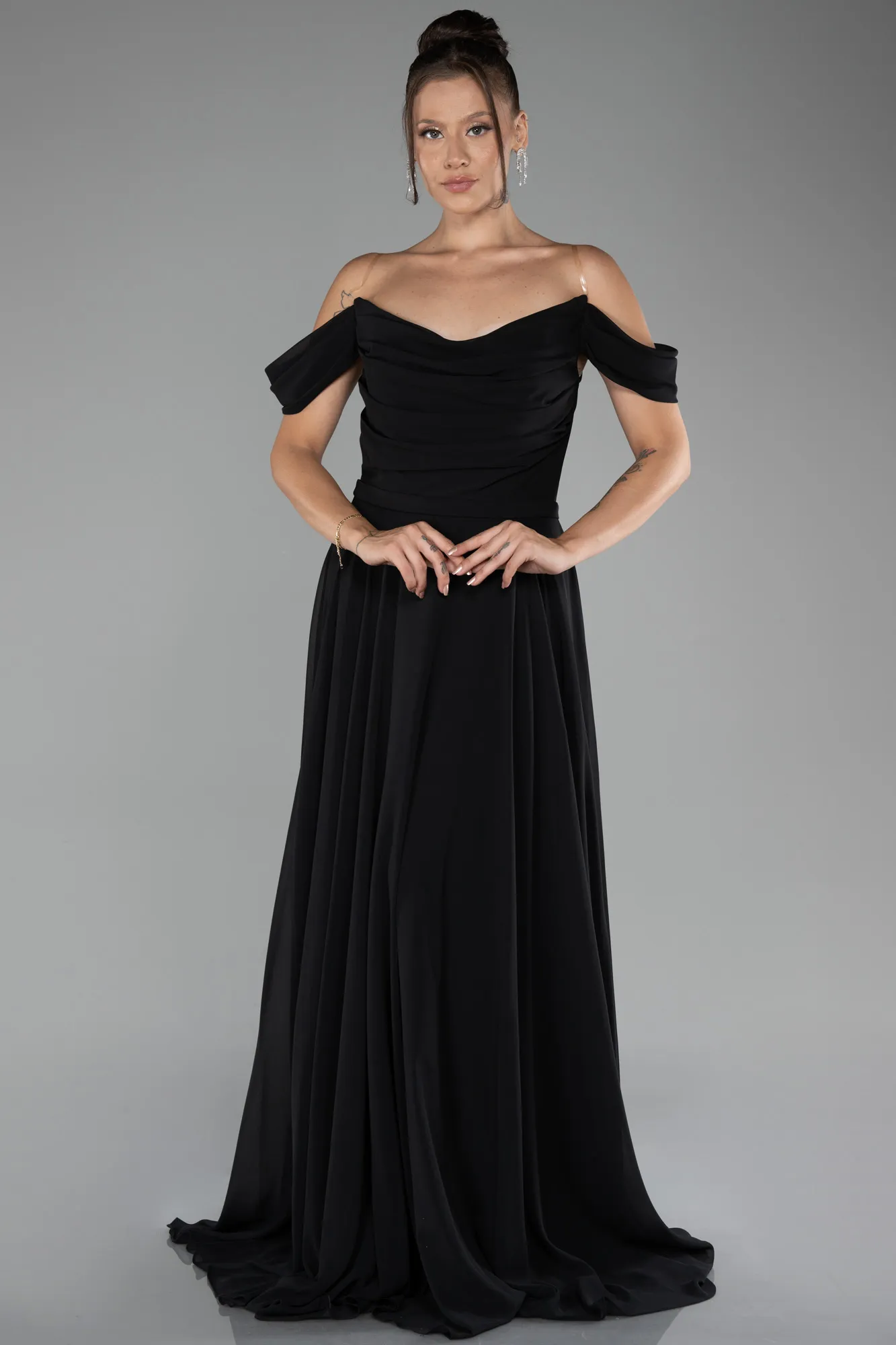 Black-Boat Neck Long Chiffon Evening Dress ABU4078