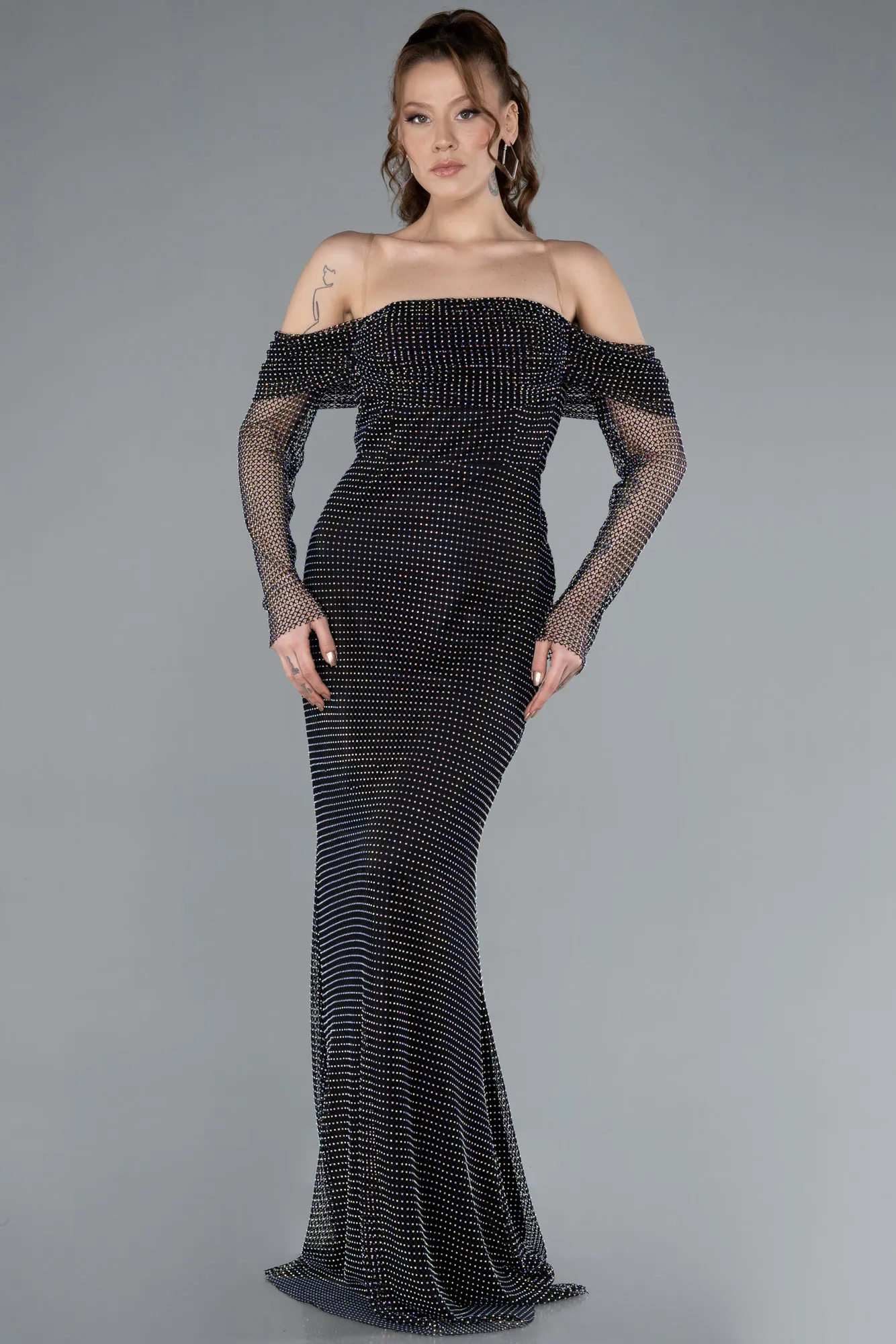 Black-Boat Neck Long Sleeve File Mermaid Evening Gown ABU4706