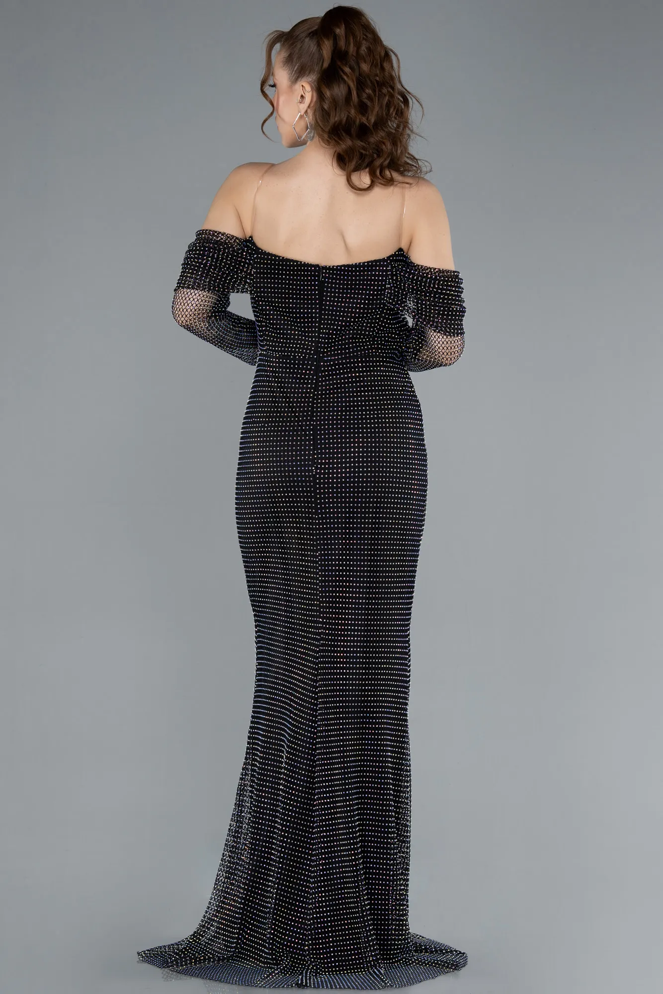 Black-Boat Neck Long Sleeve File Mermaid Evening Gown ABU4706