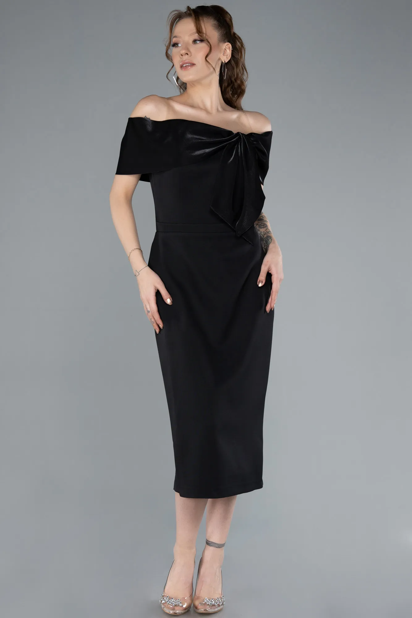 Black-Boat Neck Midi Cocktail Dress ABK2263