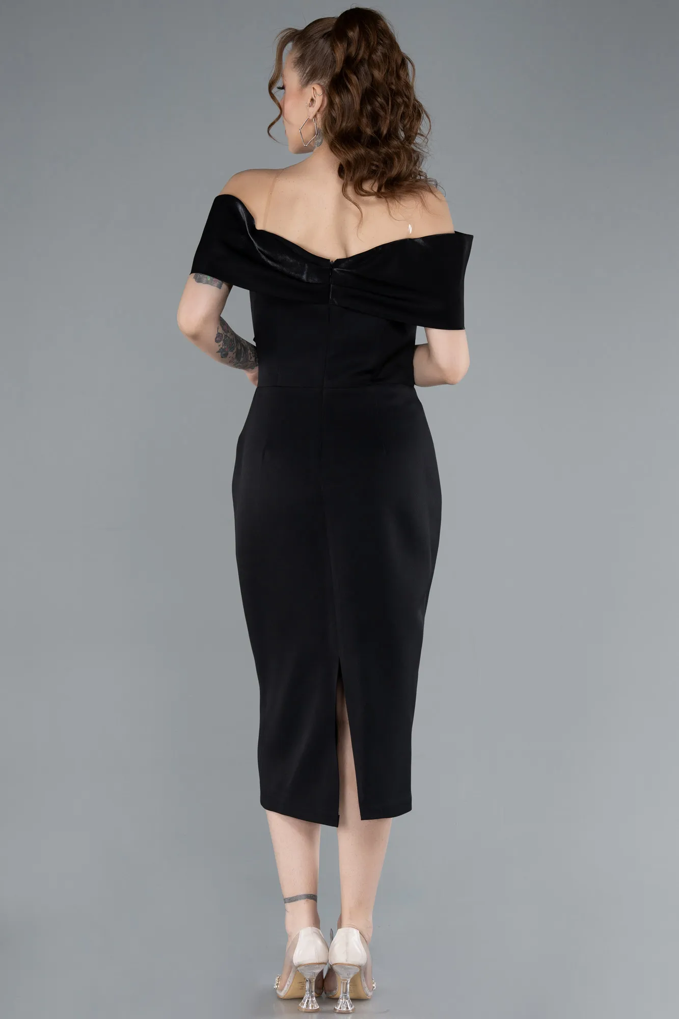 Black-Boat Neck Midi Cocktail Dress ABK2263