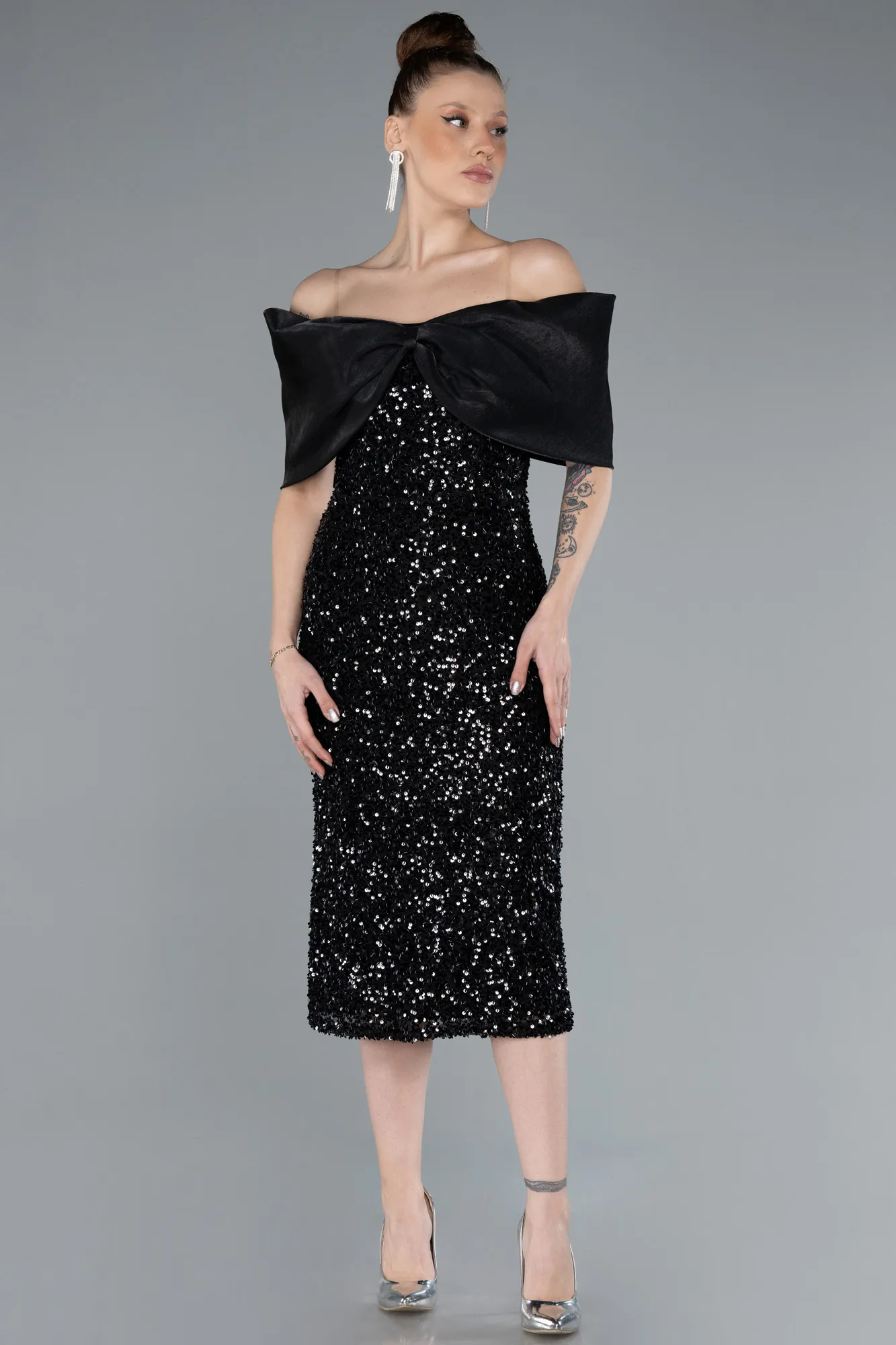 Black-Boat Neck Midi Sequined Cocktail Dress ABK2257
