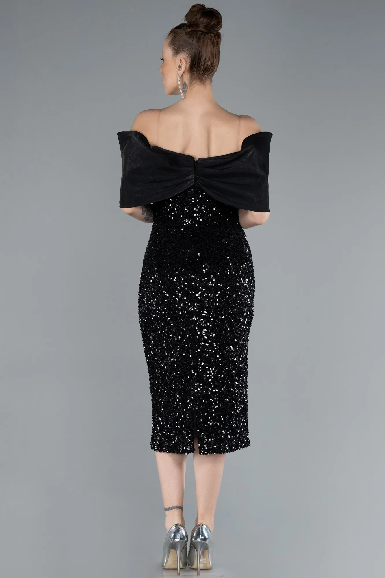 Black-Boat Neck Midi Sequined Cocktail Dress ABK2257