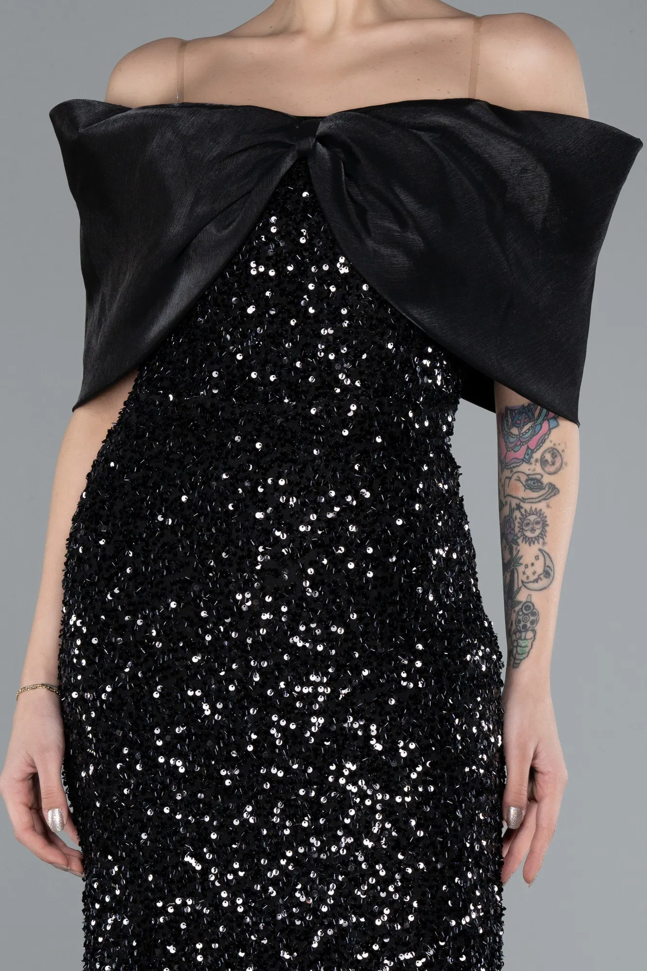 Black-Boat Neck Midi Sequined Cocktail Dress ABK2257