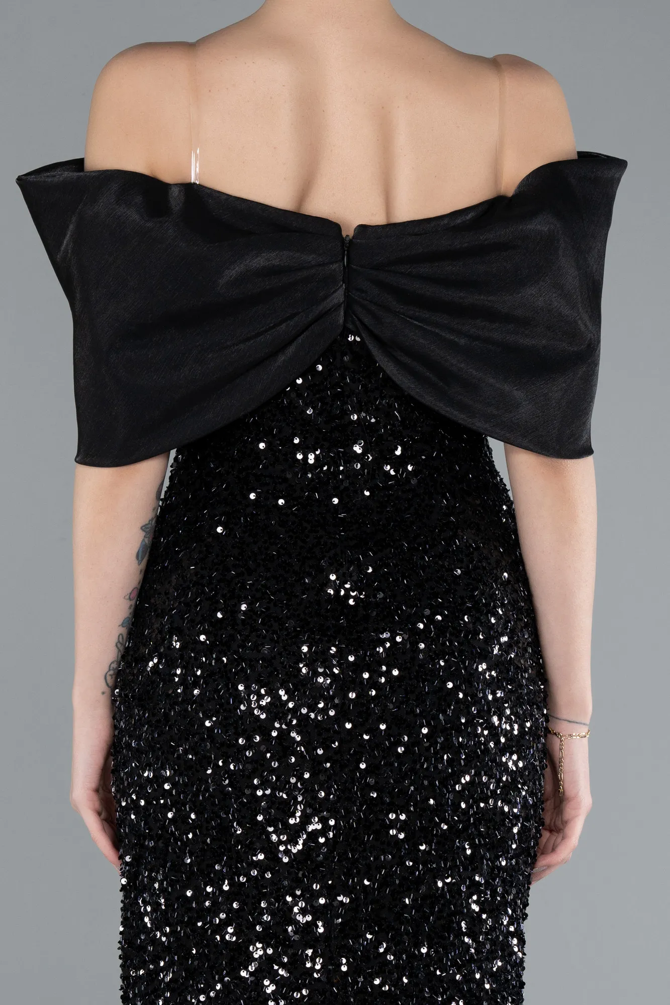 Black-Boat Neck Midi Sequined Cocktail Dress ABK2257