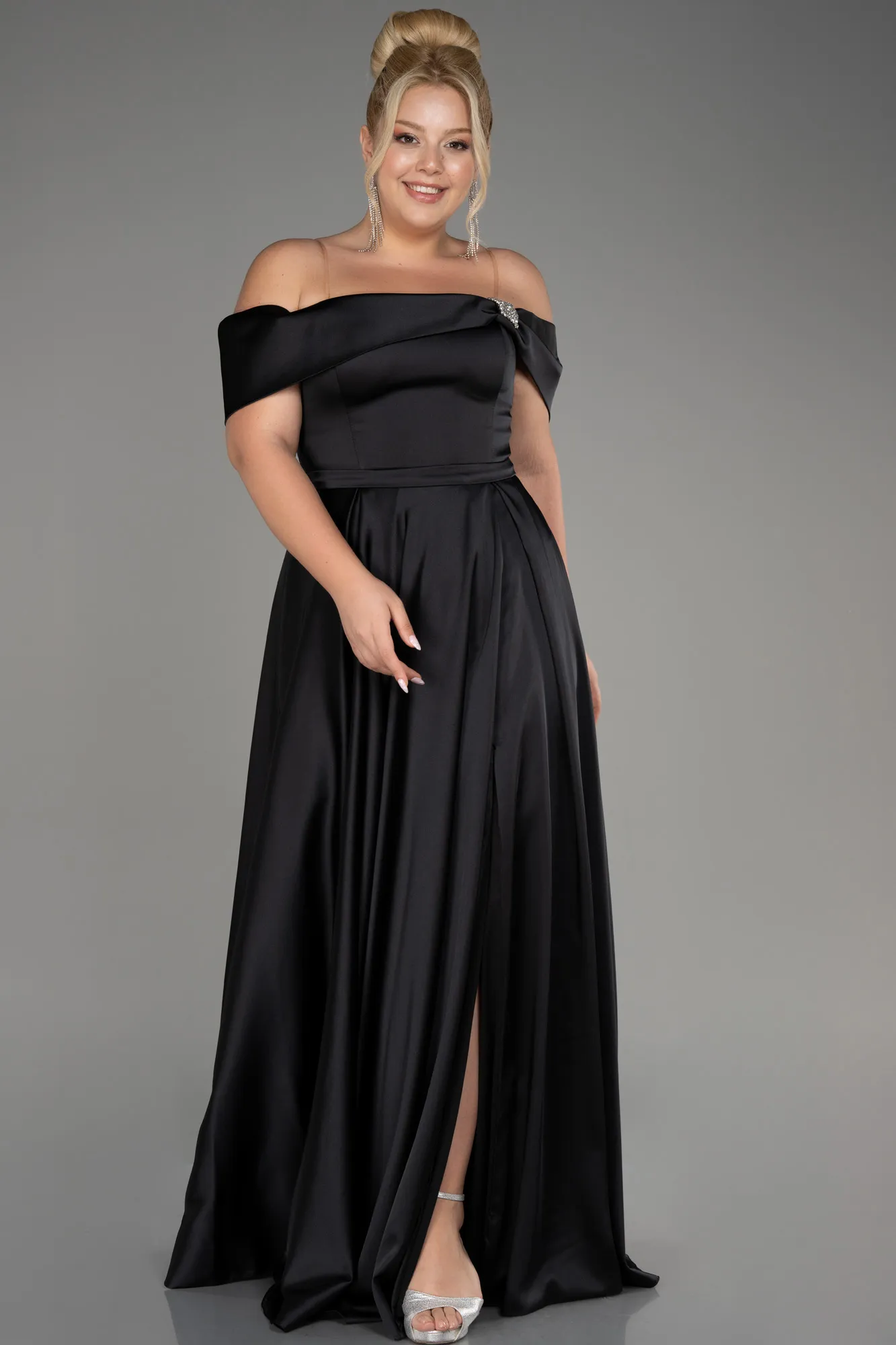 Black-Boat Neck Satin Plus Size Evening Dress ABU4054