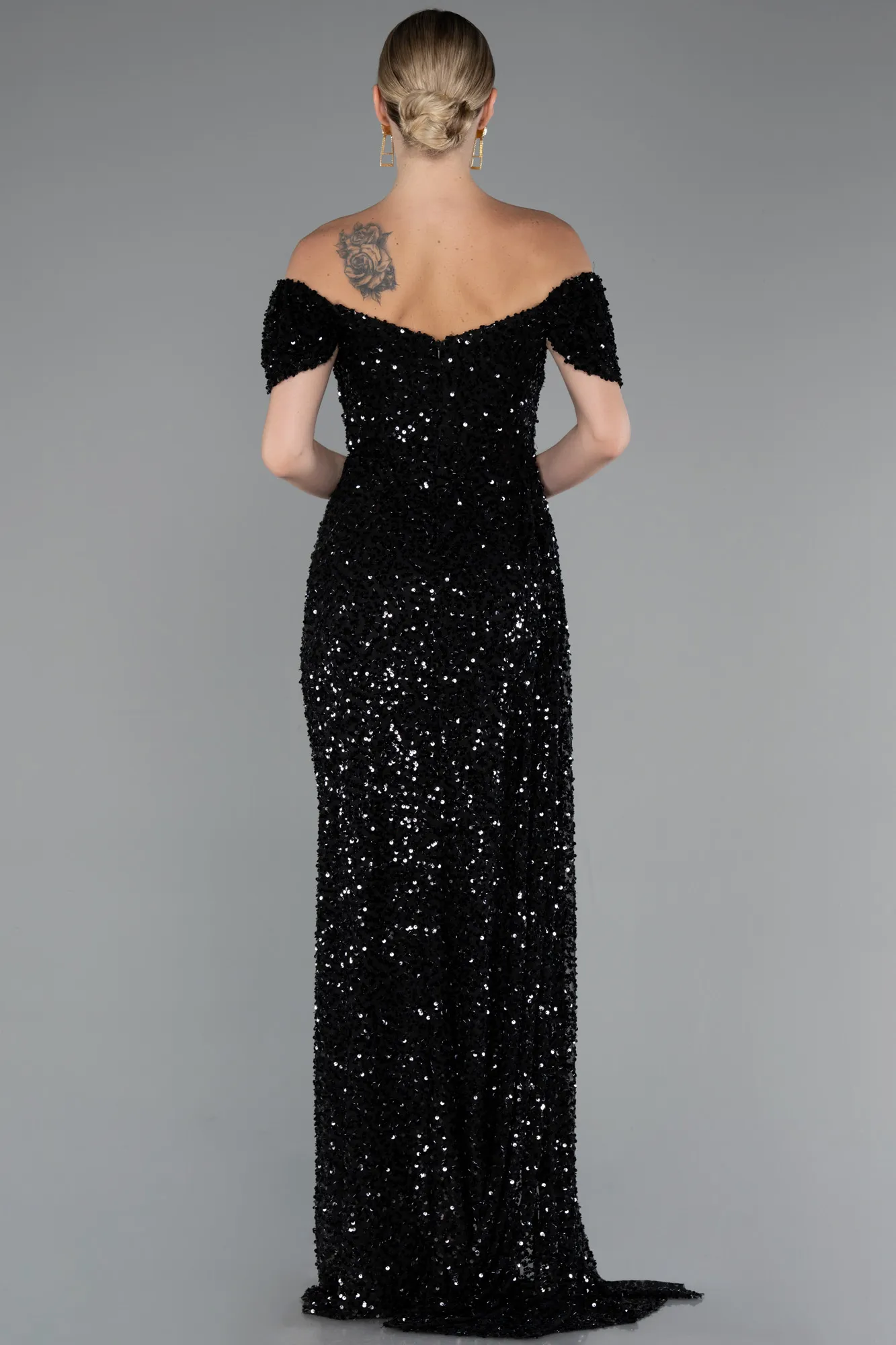 Black-Boat Neck Slit Long Sequin Evening Gown ABU4843