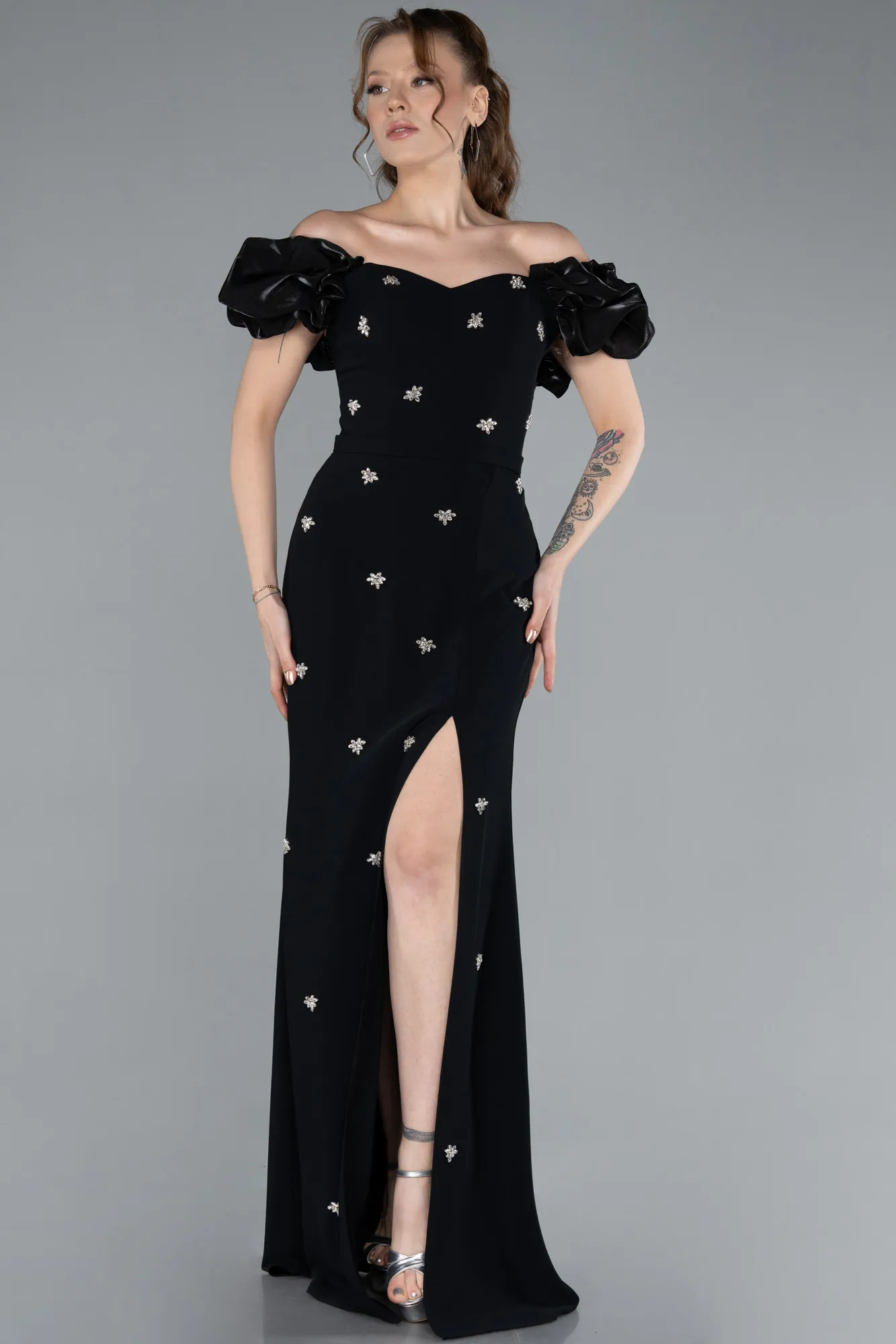 Black-Boat Neck Slit Stone Long Evening Gown ABU4696