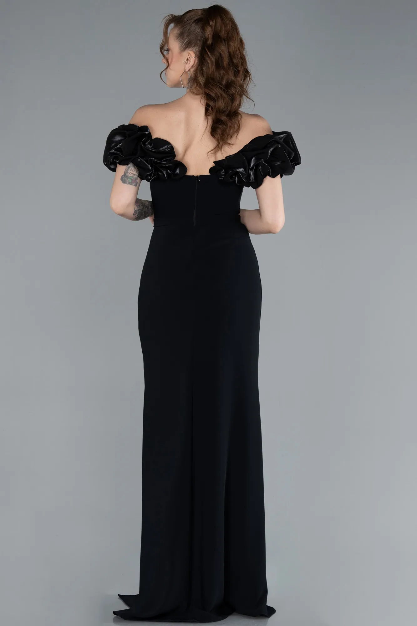 Black-Boat Neck Slit Stone Long Evening Gown ABU4696