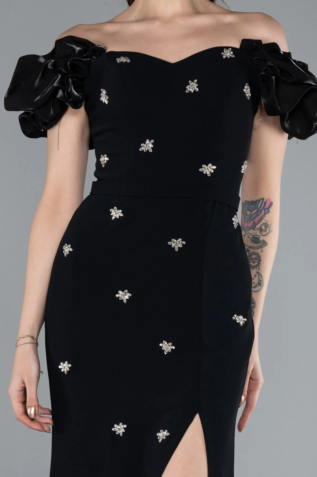 Black-Boat Neck Slit Stone Long Evening Gown ABU4696