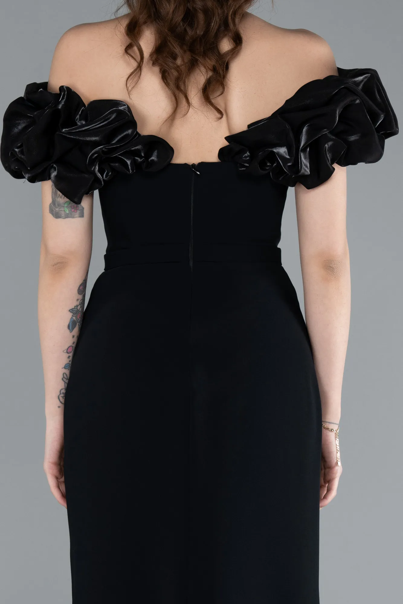 Black-Boat Neck Slit Stone Long Evening Gown ABU4696