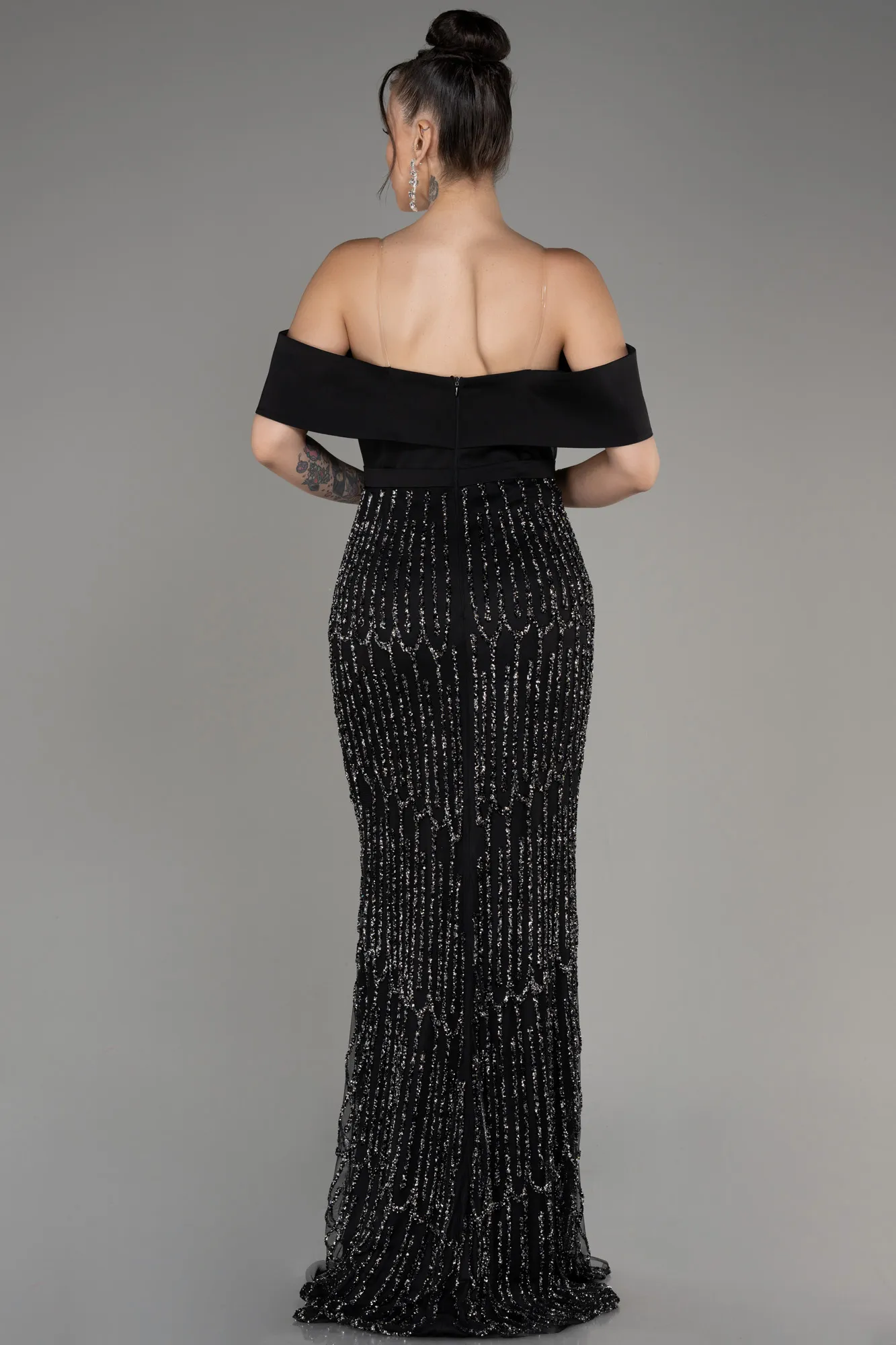 Black-Boat Neck Stone Evening Gown ABU4047