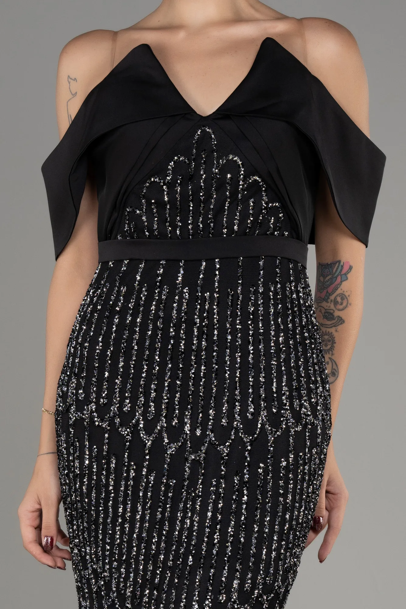 Black-Boat Neck Stone Evening Gown ABU4047