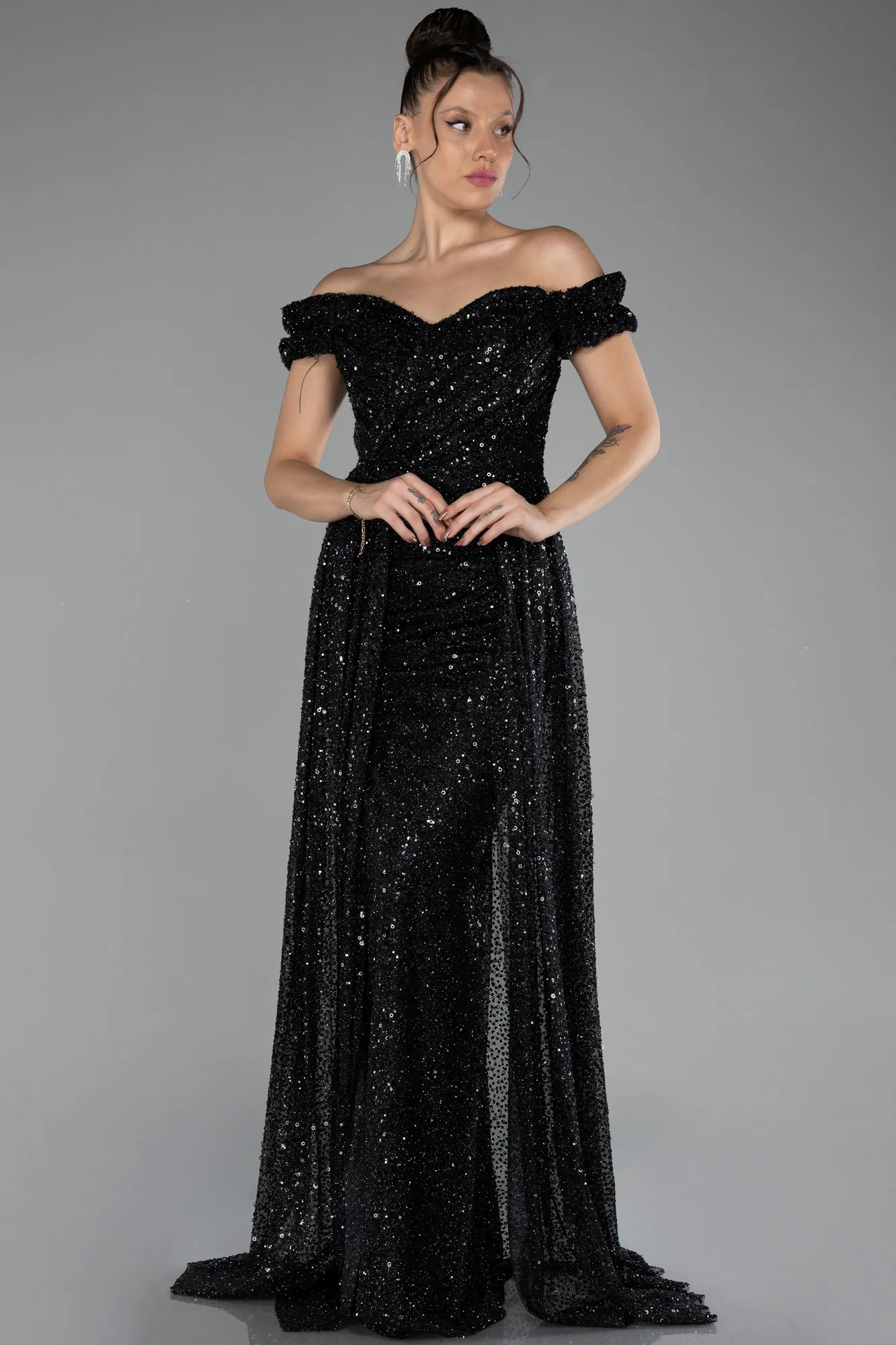 Black-Boat Neck Tail Long Stone Evening Gown ABU4224