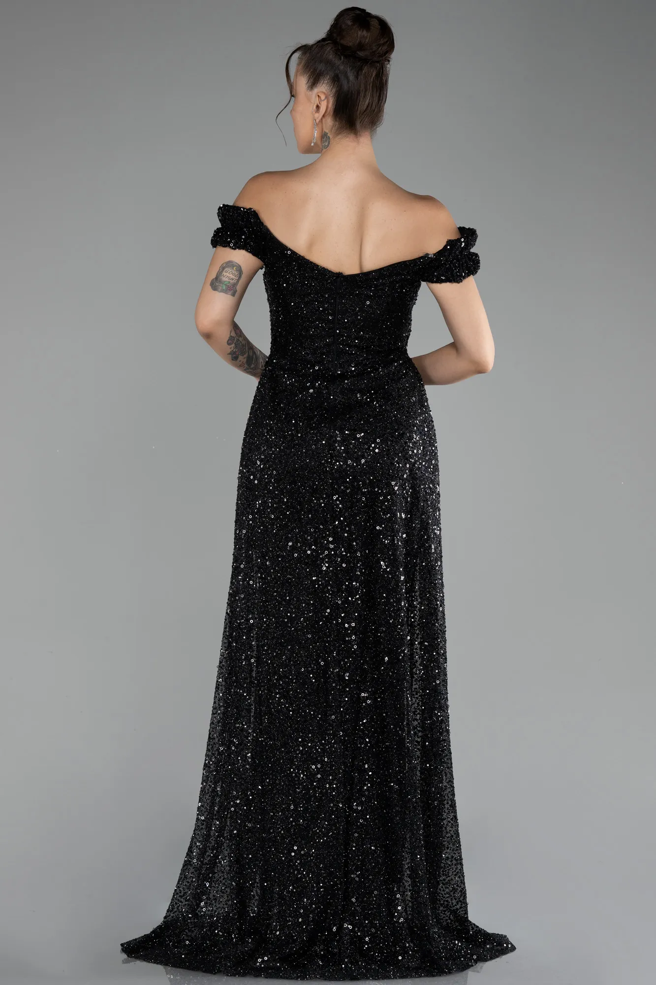Black-Boat Neck Tail Long Stone Evening Gown ABU4224