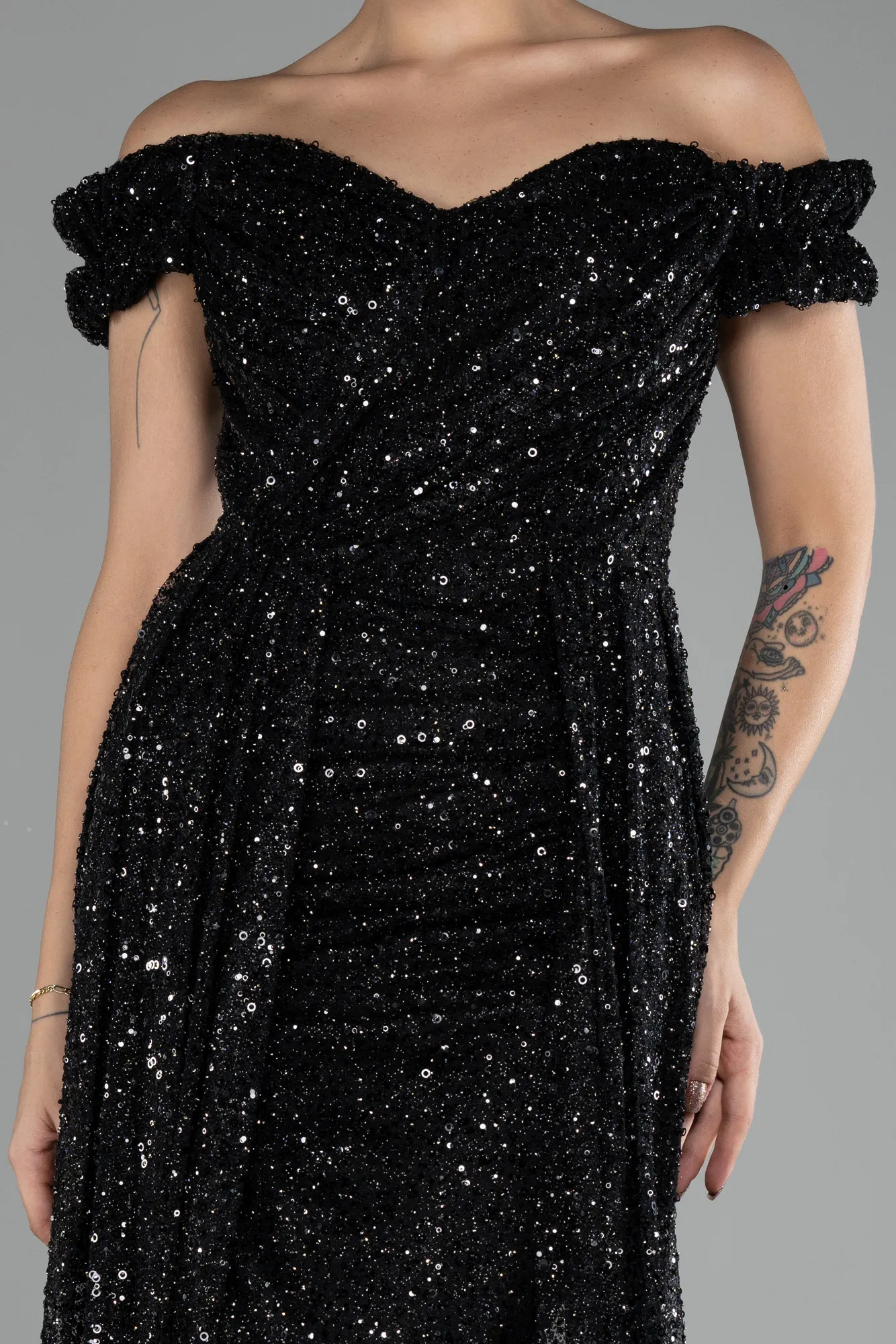 Black-Boat Neck Tail Long Stone Evening Gown ABU4224