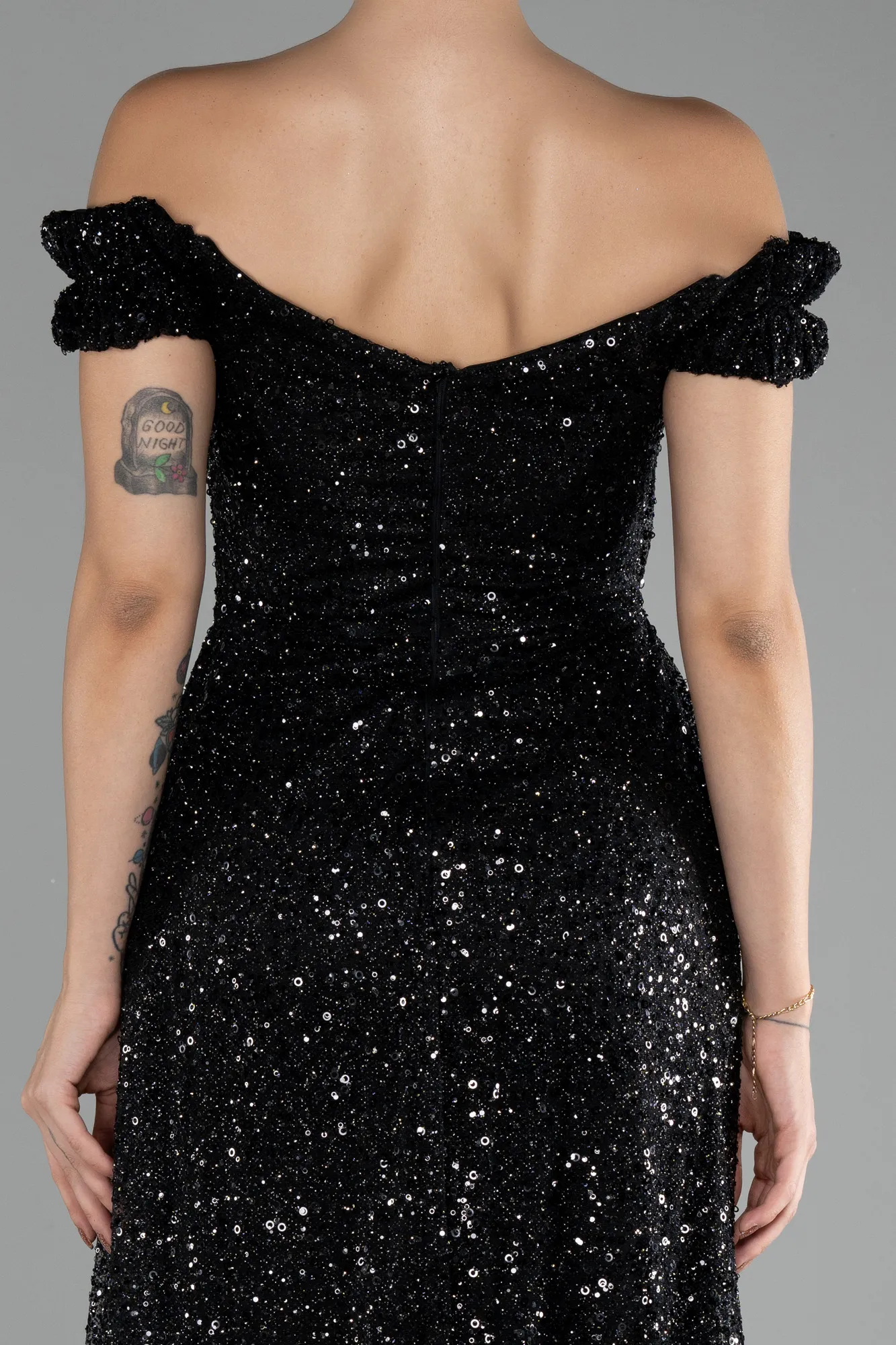 Black-Boat Neck Tail Long Stone Evening Gown ABU4224